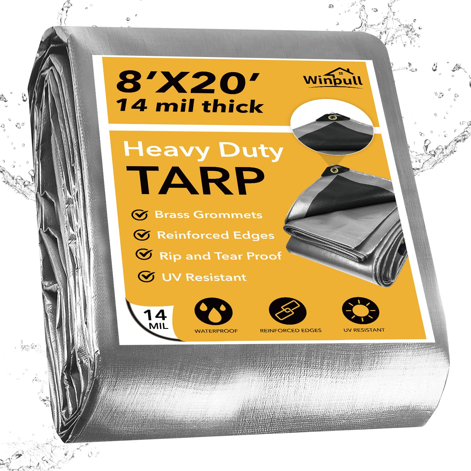 Winpull Tarp 8x20 Feet 14 Mil Heavy Duty Waterproof Tarp, Large Multipurpose Cover with Brass Grommets and Reinforced Edges, UV Resistant Thick Poly Tarps for Outdoor Camping Tent Pool Car Image