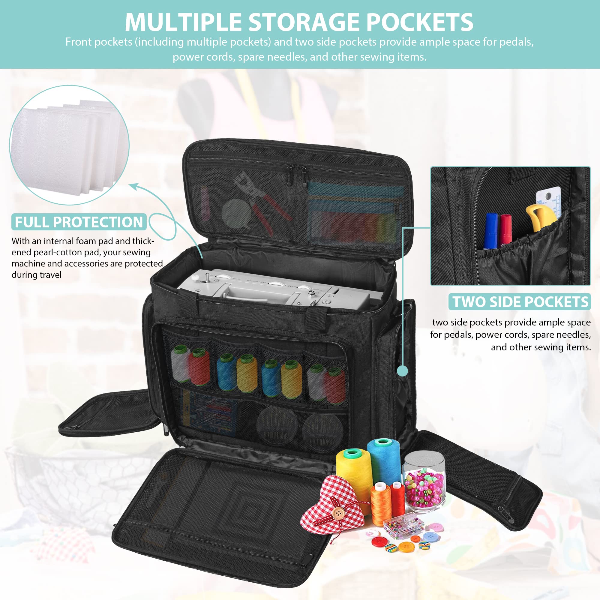 ITHWIU Sewing Machine Carrying Case with Multiple Storage Pockets for Accessories, Universal Tote Storage Bag Compatible with Most Standard Singer, Brother, Janome