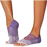 toesox Elle Half Toe Grip Socks – Non-Slip Grip Sole for Yoga, Pilates, Gym - Non Skid Open Toe Socks for Women - Grape Stripe, Small