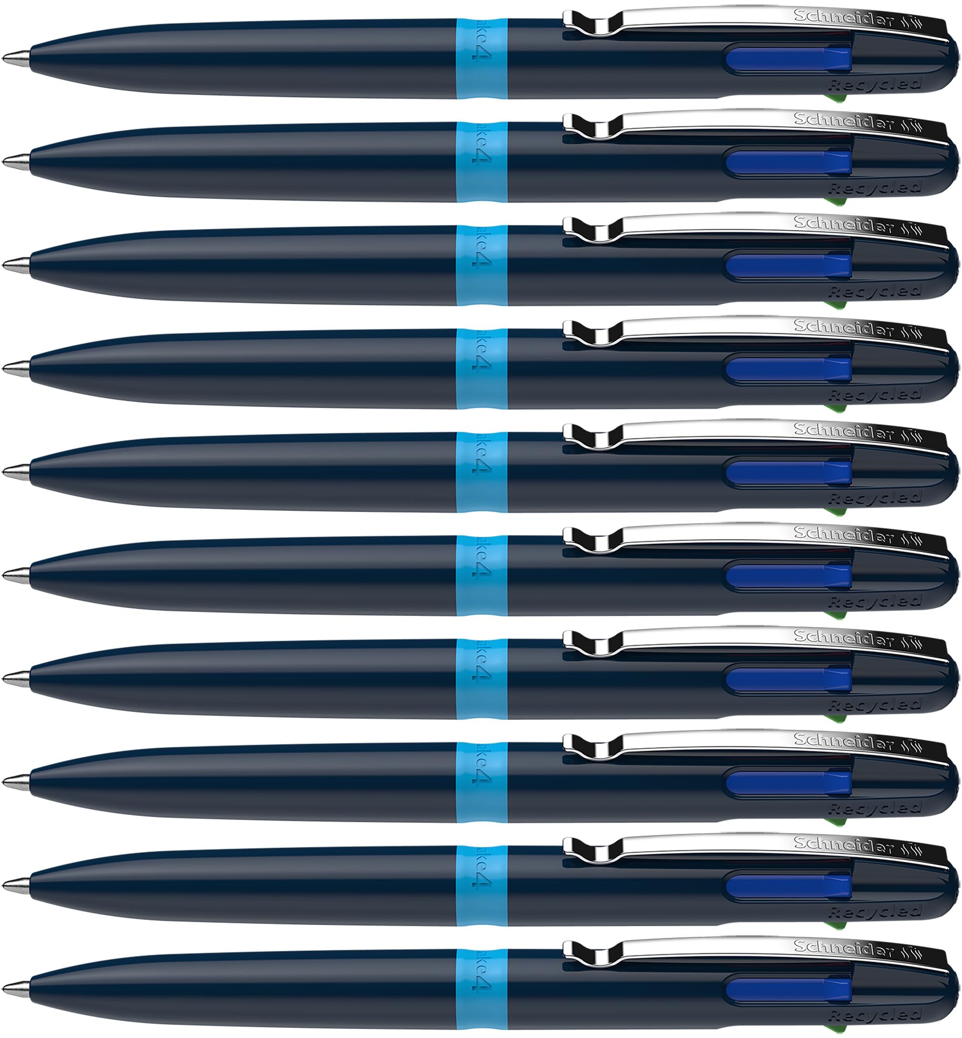 Schneider Take 4 Ballpoint Pens Multicolour (4 Colours, Refills able, Recycled Plastic) Dark Blue/Light Blue, Pack of 10