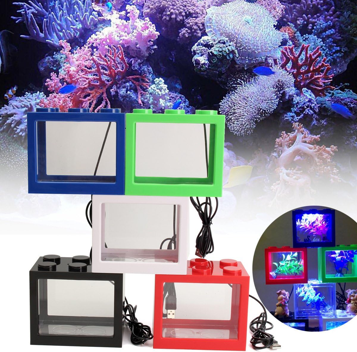 Mini USB LED Light Clear Fish Tank Mini Aquarium Box Bettas Office Desktop Decor