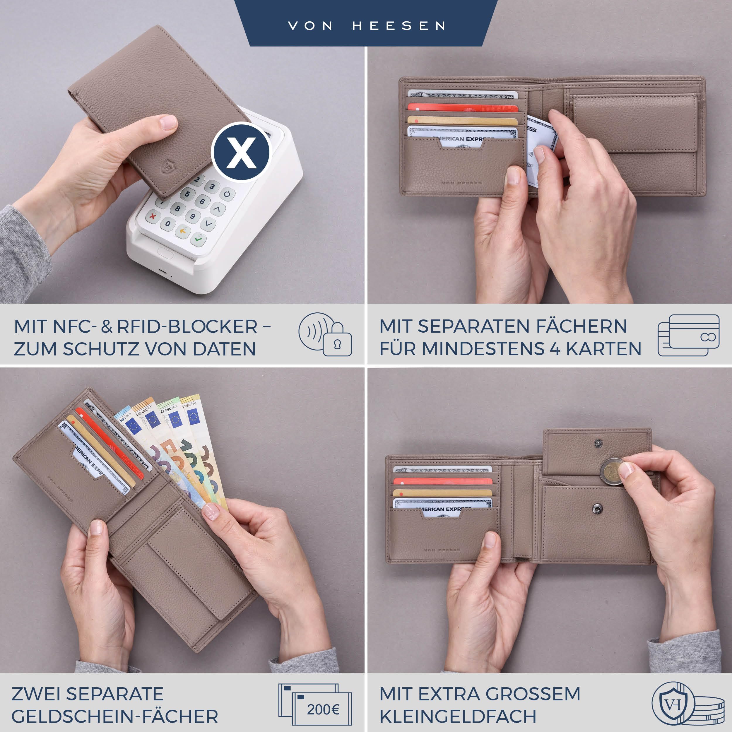 VON HEESEN Leder Geldbörse RFID Schutz I Echtleder Geldbeutel für Damen & Herren I Portemonnaie Brieftasche Wallet Portmonee (Taupe) 2