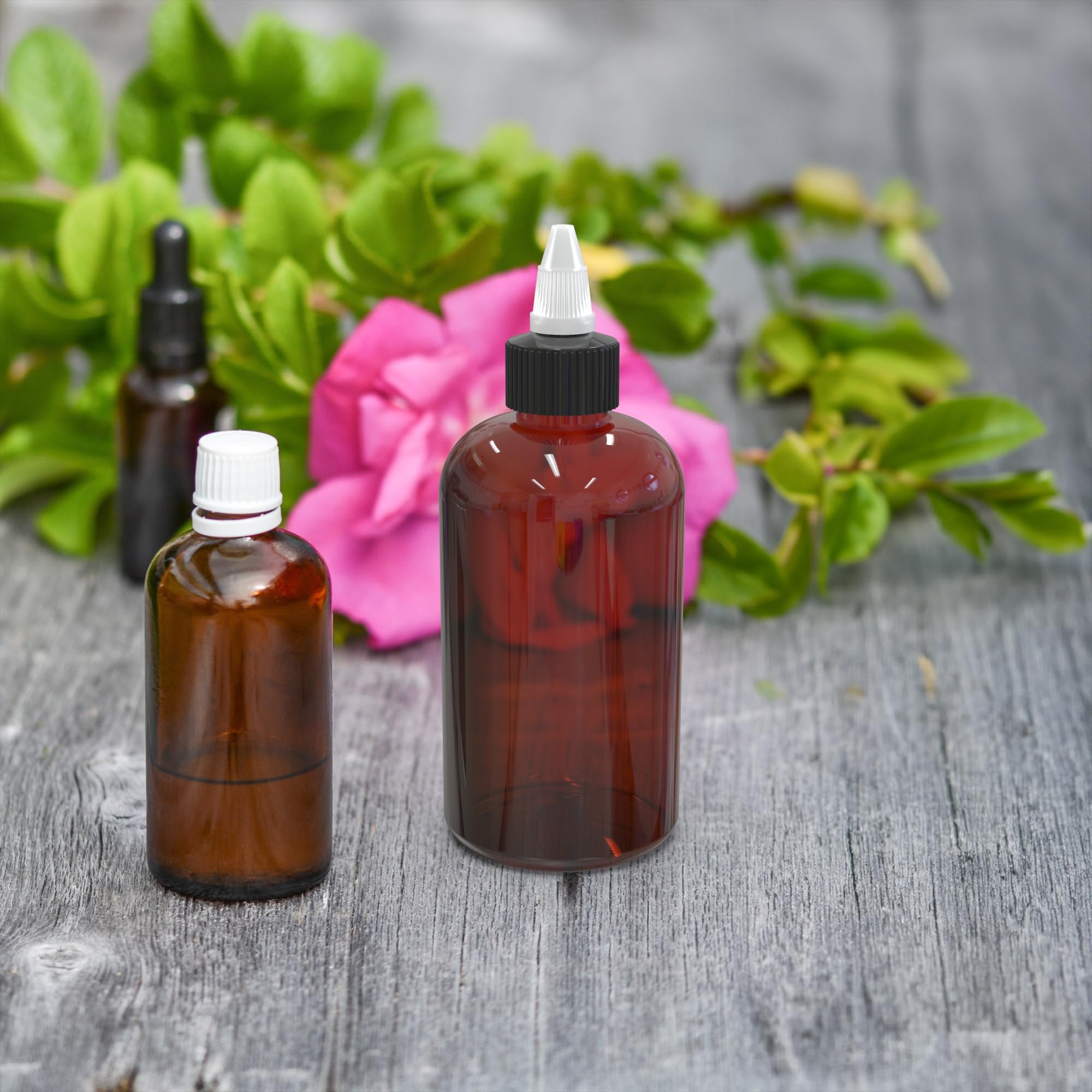 BRIGHTFROM Twist Top Applicator Bottles, 8 OZ Amber, Squeeze Empty Round Plastic Bottles, BPA-Free, PET, Refillable, Open/Close Nozzle (Black) - Multi Purpose (Pack of 2)