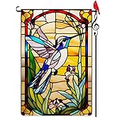 Lorugekyu Spring Colorful Hummingbird Garden Flag Stained Glass Style Spring Summer Floral Flower Small Flag for Outside Burlap Double Sided Farmland Welcome Yard Lawn Winter Decor 12.5x18"
