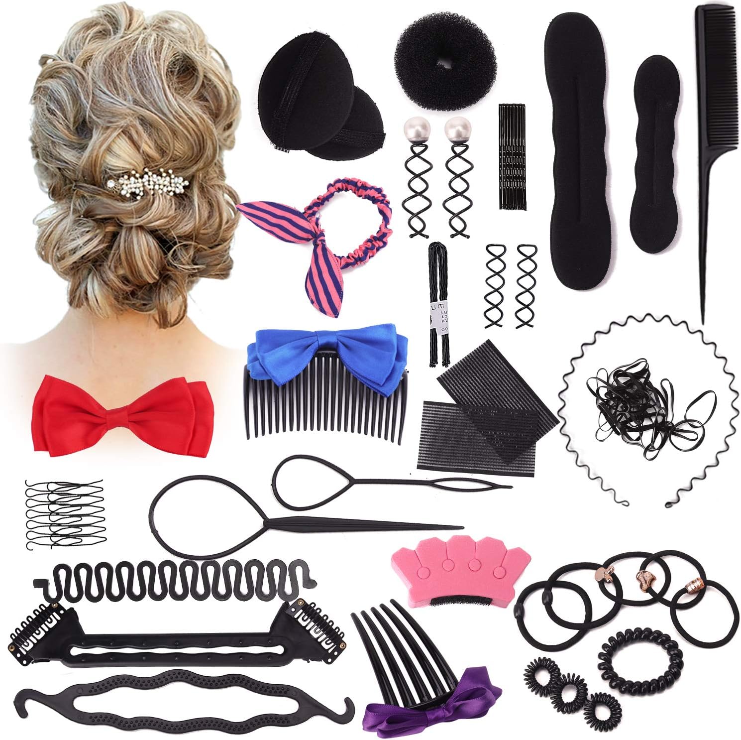 Hair Accessories Hair Styling Set Kit, 28Pcs Hair Styling Accessories Kit Set Bun Maker Hair Braid Tool for Making DIY Hair Styles Black Magic Hair Twist Styling Accessories for Girls or Women