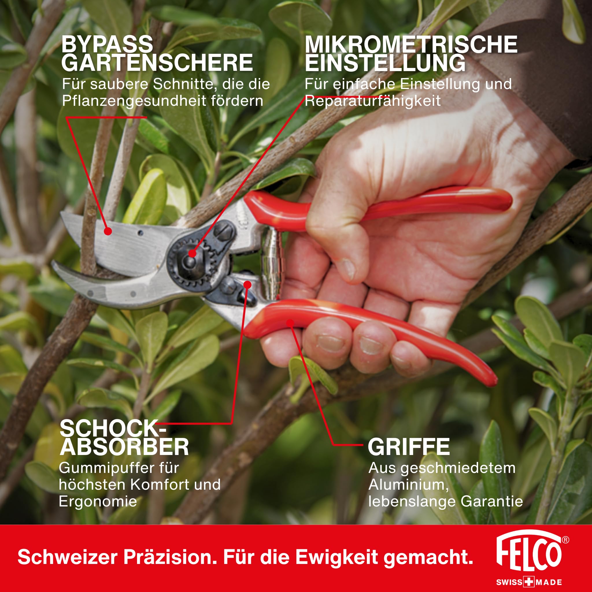FELCO 2 professionelle Bypass-Gartenschere für Rechtshänder, 41 mm gehärtete Stahlklinge, geschmiedete Aluminiumgriffe, robustes Werkzeug für mittelgroße bis große Hände, 25 mm Schnitt, Swiss Made 3