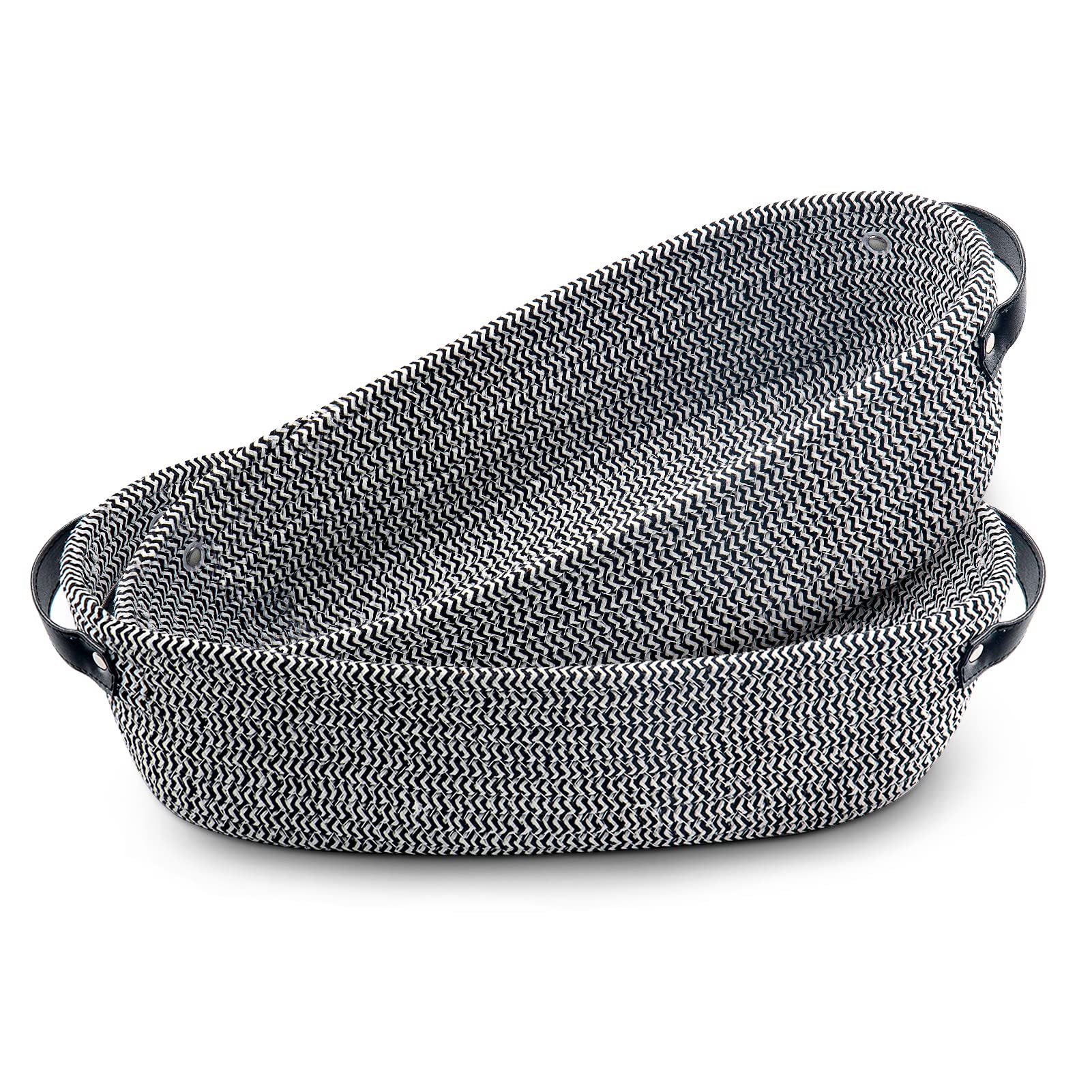 TENQUAN 2PCS Storage Baskets Cotton Rope Basket Leather Handle Woven Shelf Basket for Cabinet Shelves, Decorative Home Storage Box for Bedroom Bathroom(Black & White)