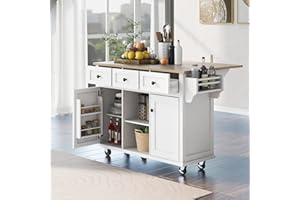 Yayzy Rolling Kitchen Island with Drop Leaf, Cabinet Door Storage Racks & 3 Drawers, Mobile Kitchen Cart with Rubberwood Top & Locking Wheels for Dining Room & Kitchen, 53-Inch, White
