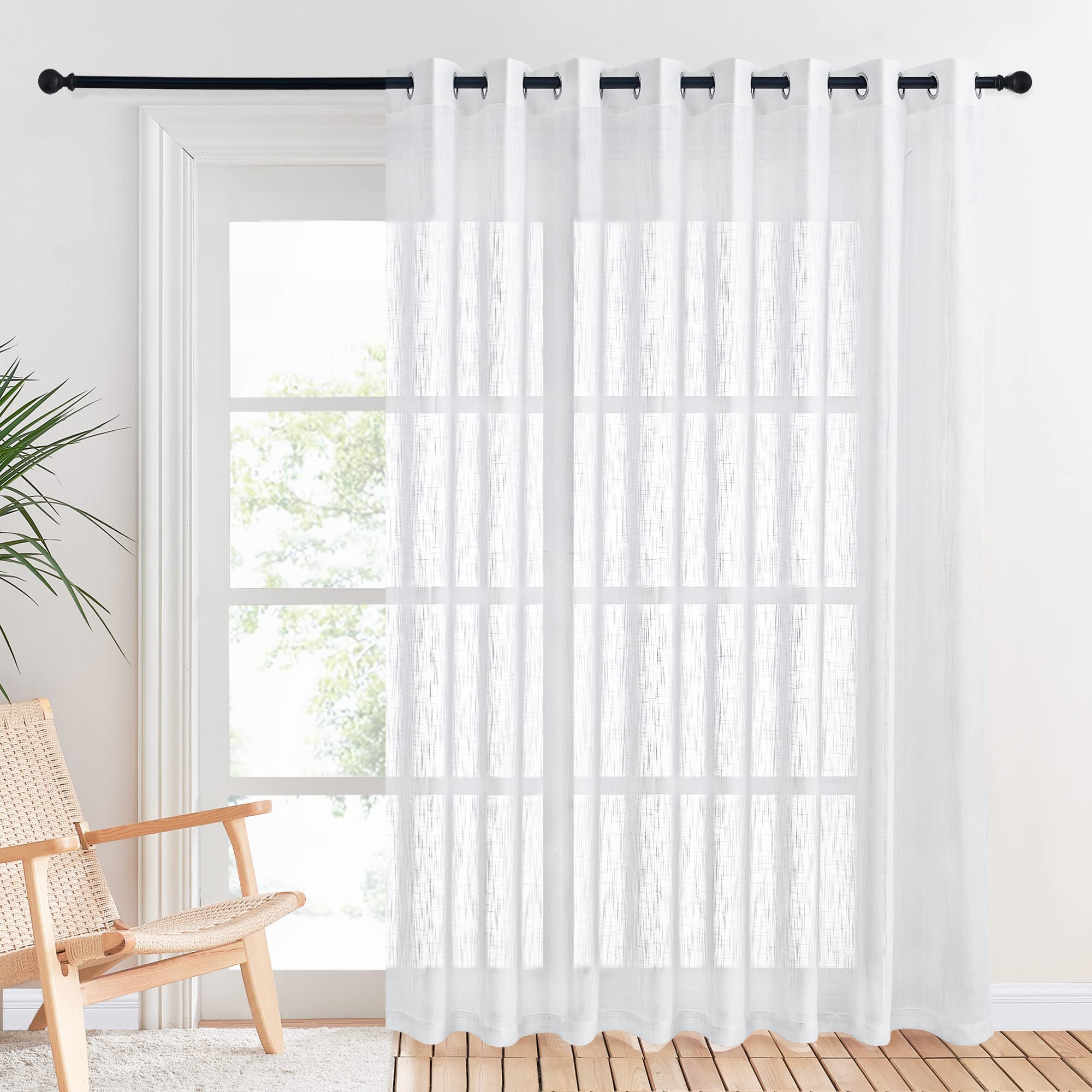 PONY DANCE Extra Wide Window Net Curtain 1 Panel - 84 Inch Drop Linen Look Voile Curtain with Eyelet Top Elegant Privacy Protected White Sheer Panel for Office/Patio Door/Living Room, 120 Inch Wide — image 1