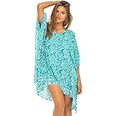 Back From Bali Womens Beach Swimsuit Cover Up Dress Caftan Floral Short Poncho Bun Tosca Green