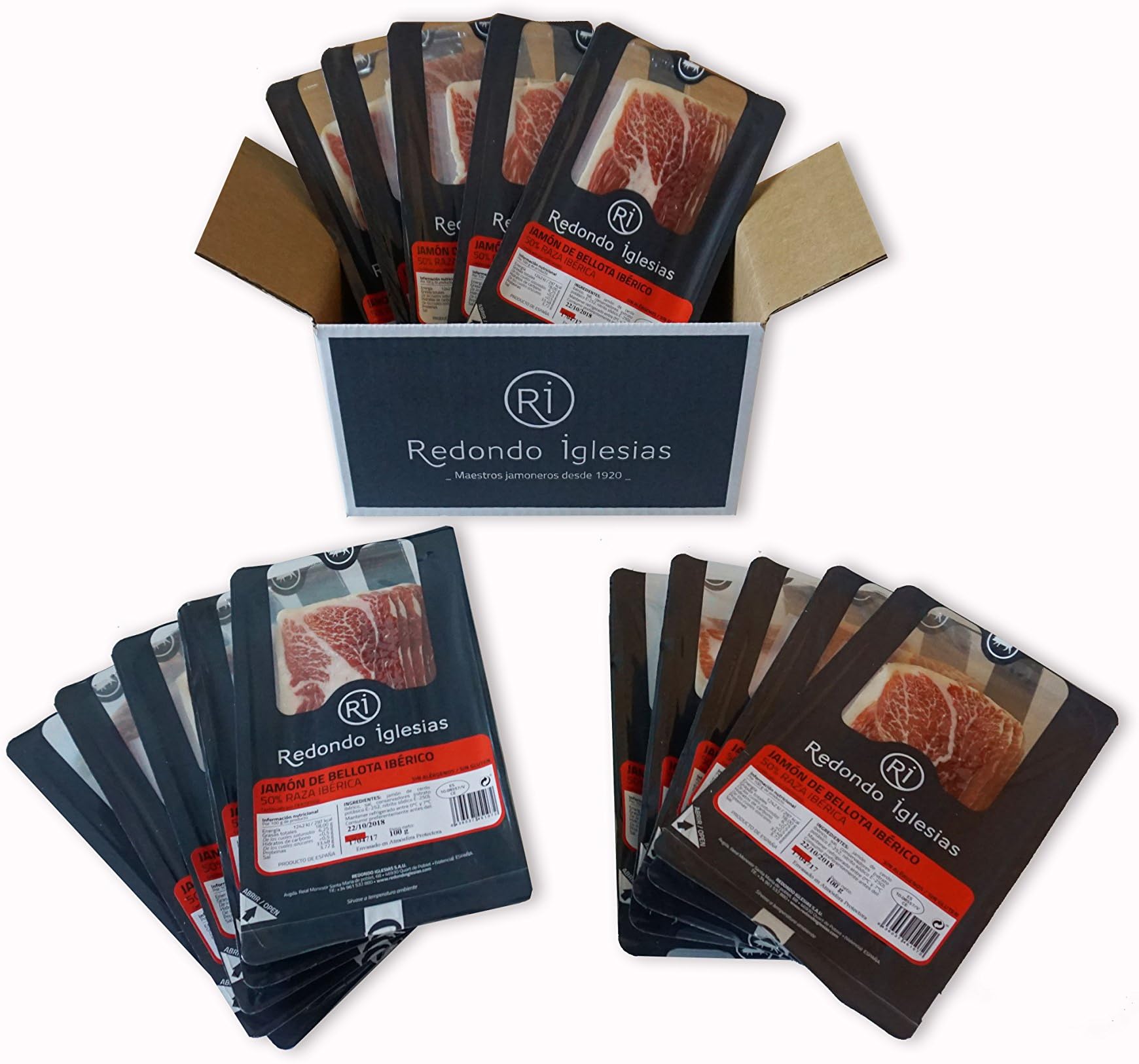 Redondo Iglesias - 1 Box containing 15 Packs of Spanish Iberico Free-Range Acorn-fed fed ham (Jamon de Bellota Iberico. 50% iberico) - 100g/pack