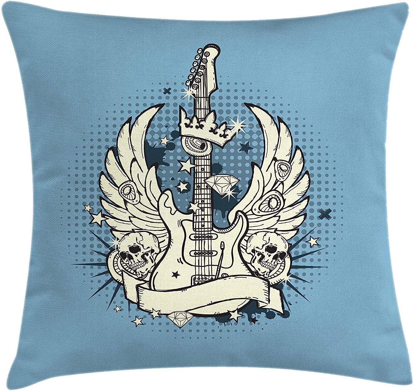 VICKKY Guitar Throw Pillow Cushion Cover, Rock n Roll Composition Crown Wings Skulls Stars on Retro Grunge Backdrop, Decorative Square Accent Pillow Case, 18 X 18 Inches, Pale Blue Ivory Black