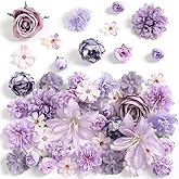 rongflower Fake Flower Heads for Crafts - Purple Silk Artificial Roses, Peonies, Daisies & Mini Floral Heads Bulk (48-Pack) for Wedding Decor, Graduation Cap, Cake Topper, Baby Shower, Home Decoration