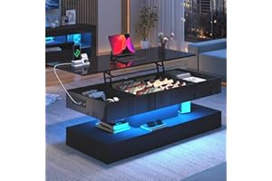 CHARTUSTRIABLE 47.2" Large Lift Top Coffee Table,Modern High Glossy LED Coffee Tables for Living Room with Storage,Black Living Room Tables for Living Rooms,Dining Room,Bedroom Home Office,APP LED Lights（Black）