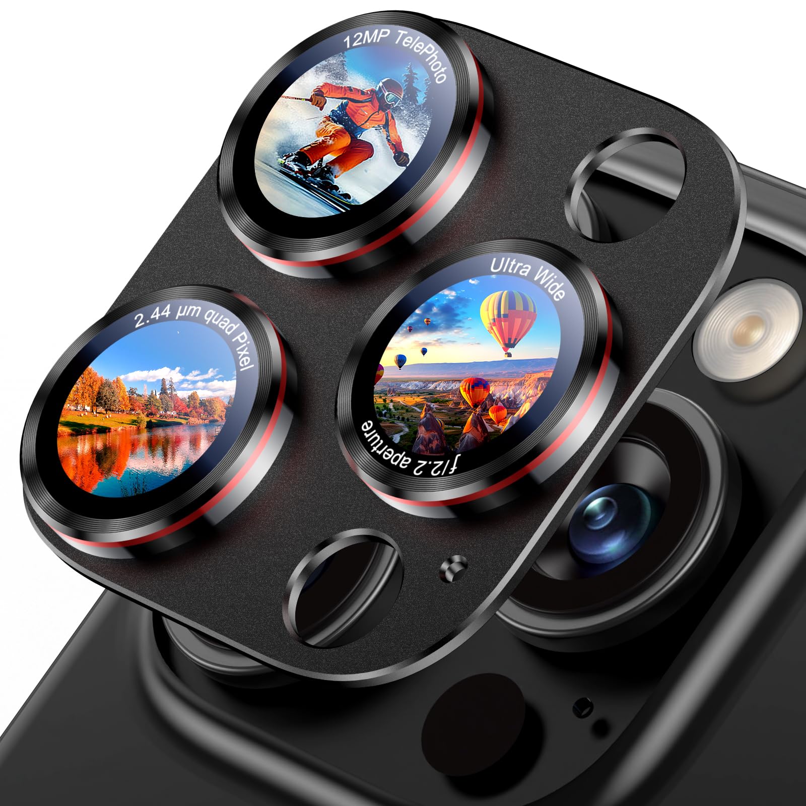 Uyiton Professional Camera Style for iPhone 16 Pro Max/16 Pro/14 Pro Max/14 Pro Camera Lens Protector - [Unique Typography + Phone Lens Red Circle Design] Metal Tempered Glass Camera Cover, Black+Red