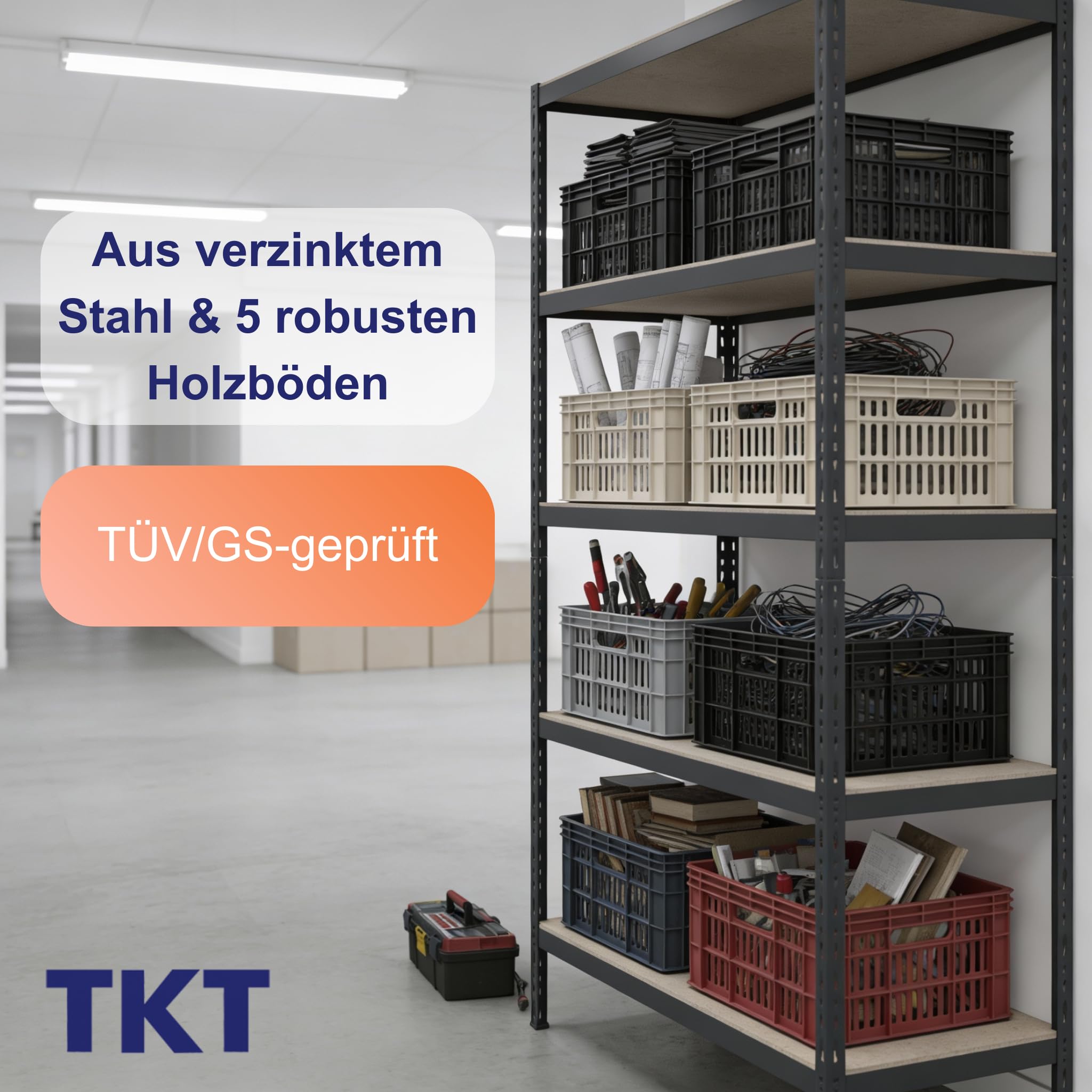 TKT – Work System Steckregal mit Holzböden & Unterzug 180x92x46cm - Regal mit 265kg Tragkraft pro Boden. Schwerlastregal mit 5 Böden für Werkstatt, Wohn- & Kellerraum. Anthrazit 3