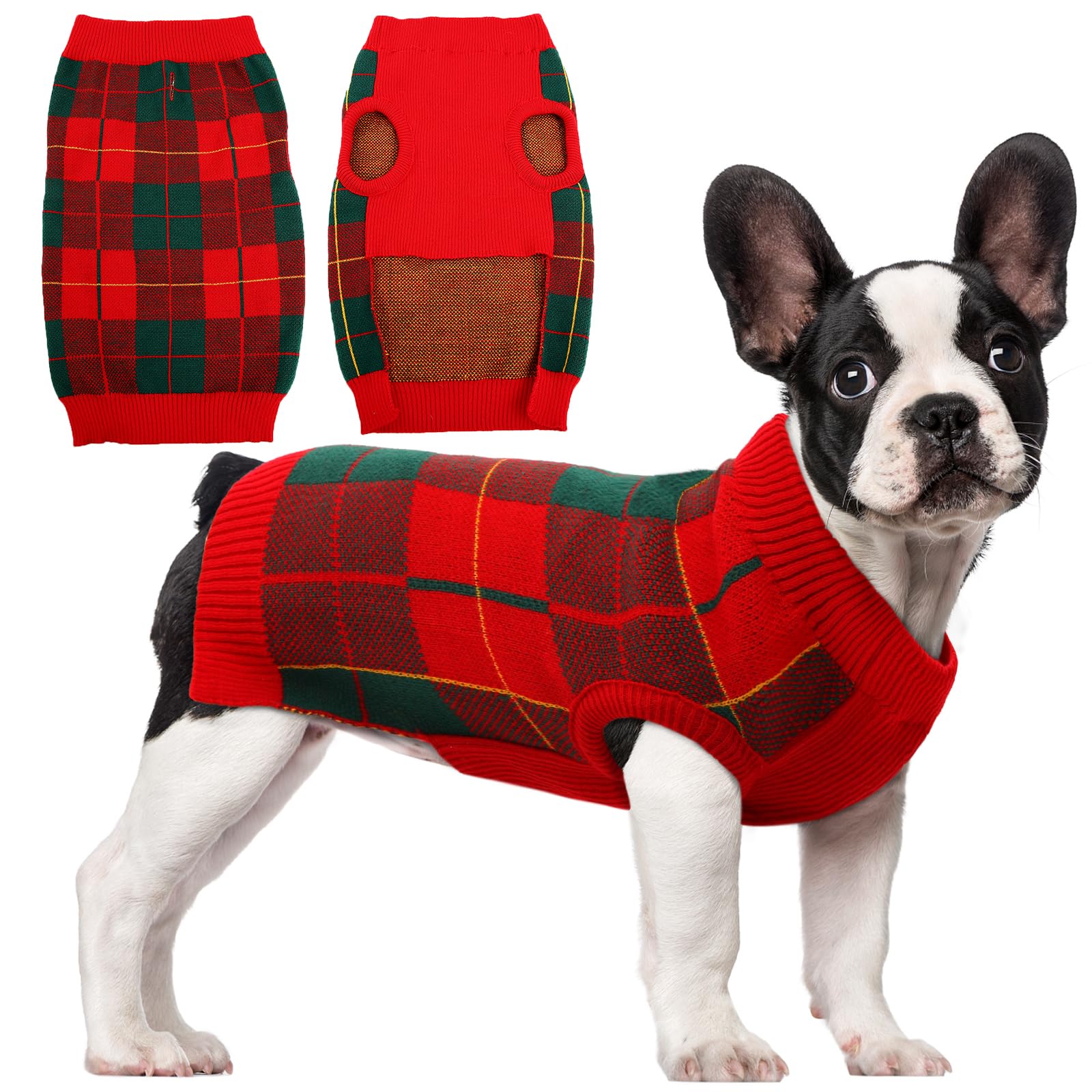 Dog Sweater Vest Turtleneck Dogs Knitted Sweatshirt with Harness Hole，Cold Weather Puppies Grid Pullover Pajamas， Fall Winter Pet Warm Clothes Christmas Costumes for Small Medium Dogs Cats