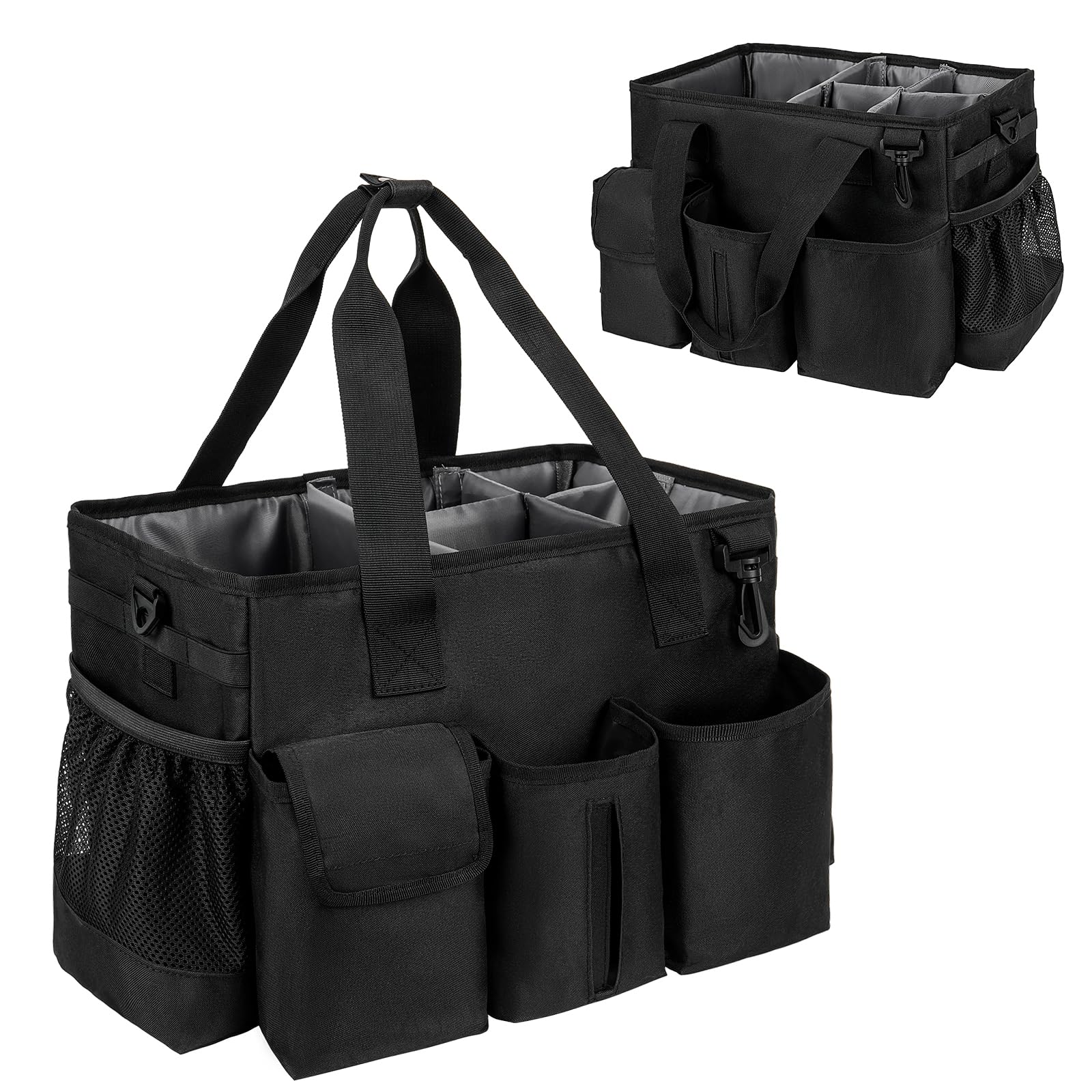 IVODEELA Cleaning Caddy with Handle,Cleaning Organiser,Multifunctional Cleaners Bag with Detachable Thick Dividers,Adjustable Shoulder Straps for Cleaning Supplies,Home,Car,Garden,Medium,Black