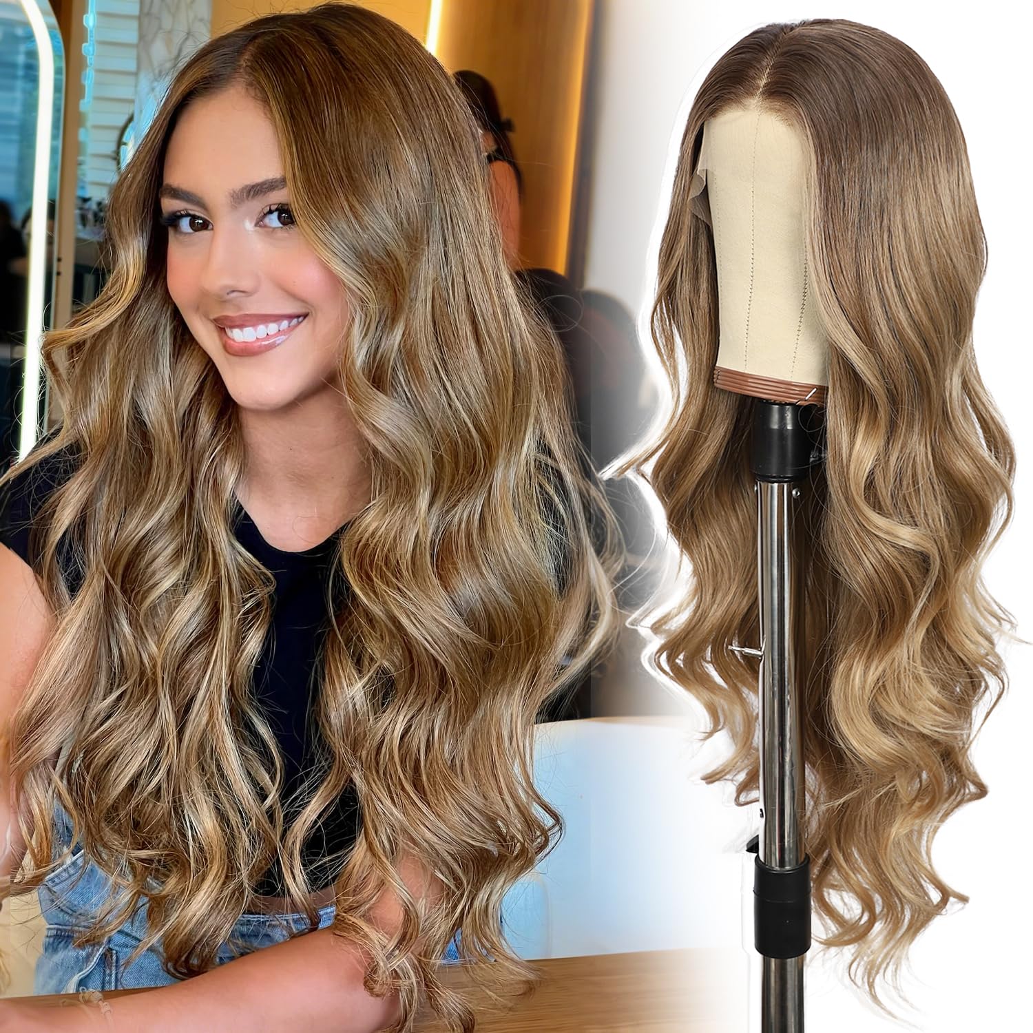 SOMIARIK 13x4 Blonde Lace Front Long Wavy Wigs, Blonde with Ash Blonde Tips Synthetic Lace Front Wigs for Women Pre plucked with Natural Hairline Heat Resistant Fiber Hair Daily Party Use 26 inch