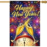 HOMETITUTE Happy New Year House Flag 28x40 Inch Champagne Glasses Fireworks and Clock Design Garden Flag Colorful Outdoor Yard Decoration Holiday Celebration Banner for Home Porch Lawn