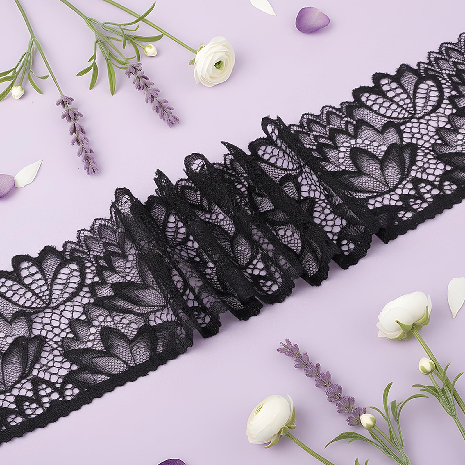 Photo 1 of 10 Yards Black Lace Trim, Black Lace Ribbon, Laces Fabric Floral Stretchy Embroidered Sewing Edge for Wedding Dress, Bridal Decorations, Sewing Crafts DIY Projects (4.13 Inches Wide)
