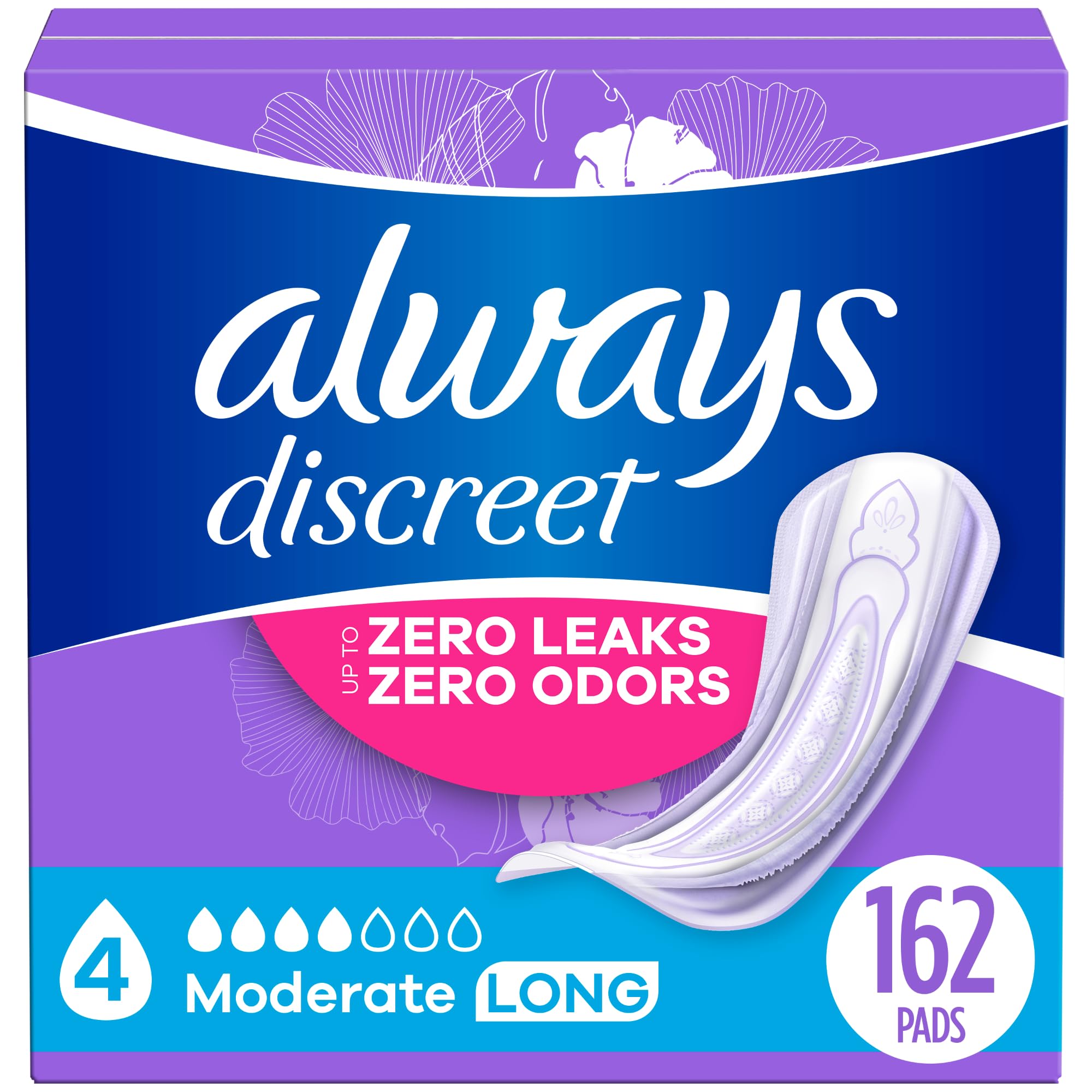 Photo 1 of Always Discreet Adult Incontinence Pads for Women, Moderate Absorbency, Long Length, Postpartum Pads, 162 CT