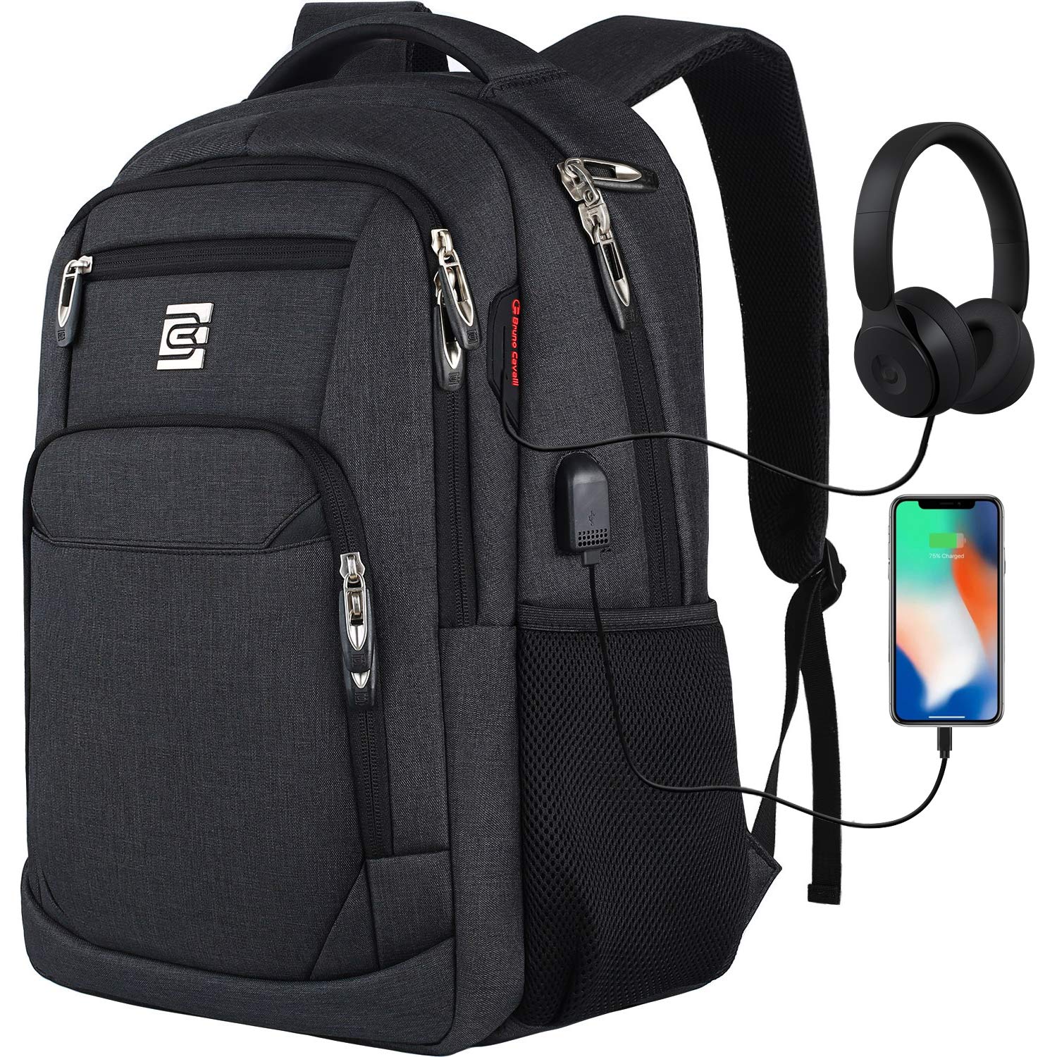 marcello Laptop Backpack with USB Charging Port,Anti-Theft Business Laptop Backpack with Breathable Padded Shoulder Strap, Water Resistant Computer Rucksack for School/Work/Travel (17.3 Inch, Black) — image 1