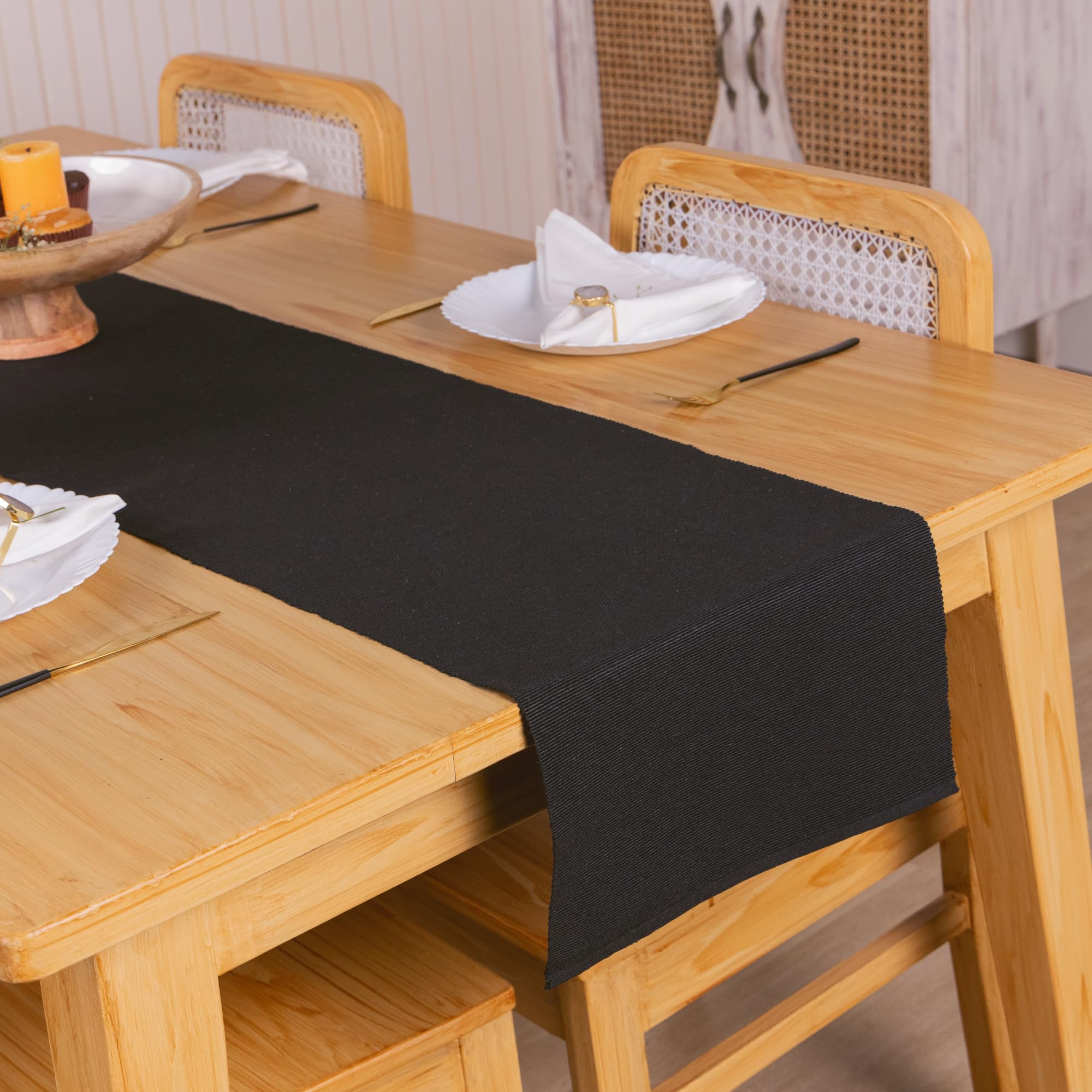 RAJRANG Table Runner 33x183 cm, Lightweight Ribbed Polycotton for Dining Tables, Holiday Home, Wedding Party, Birthday, Table Decor, Table Cover Runner - Black