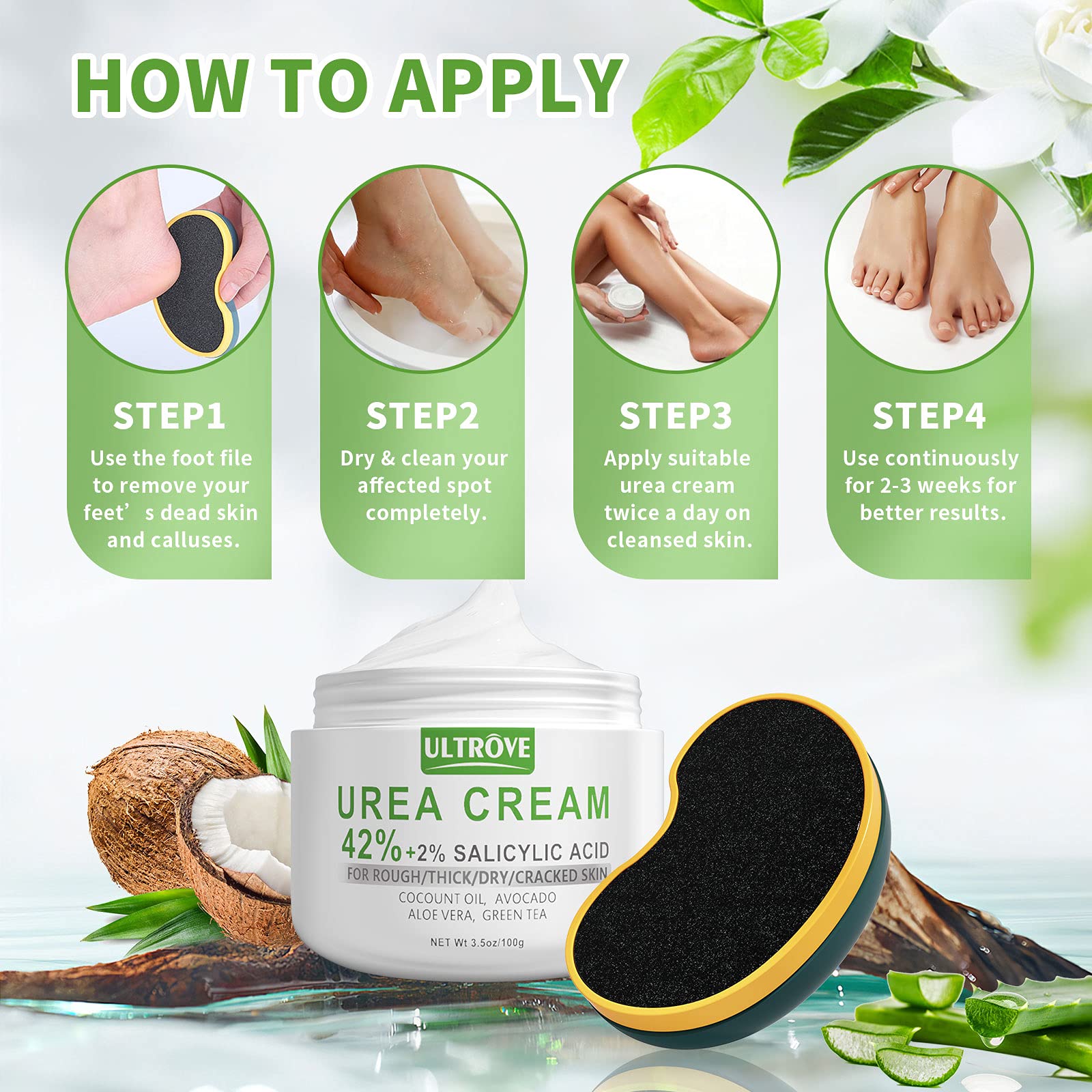 Urea Cream 42% - 2% Salicylic Acid Foot Moisturizer - Callus & Dead Skin Remover, Repairing Foot File, 3.5 oz