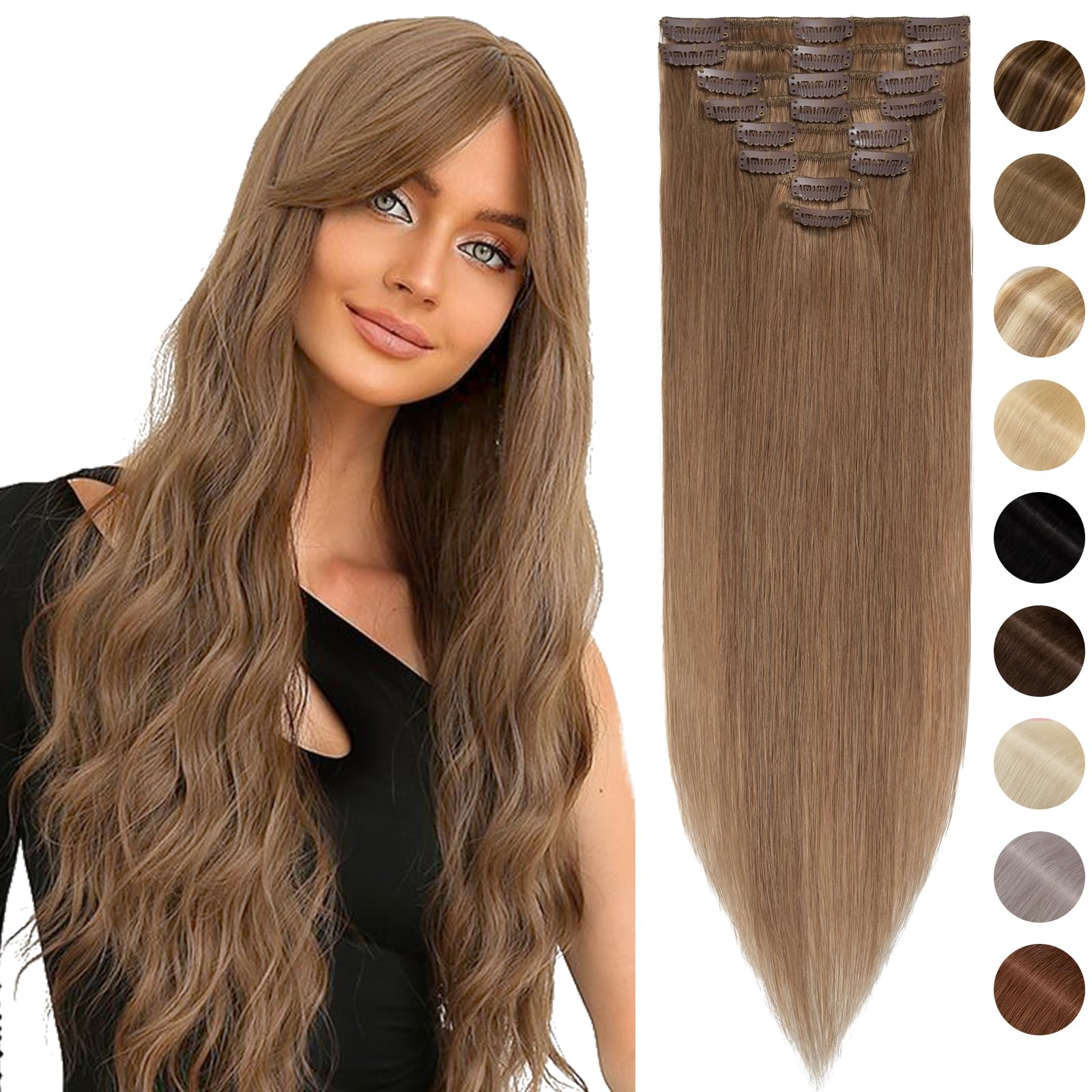 Silk-co Hair Extensions Clip in Hair Extensions Real Human Hair 8 PCS 100% Remy Straight Hair Extension Basic Thickness-Thin Weft(18 inches-70 grams, #12 Golden Brown) — image 1