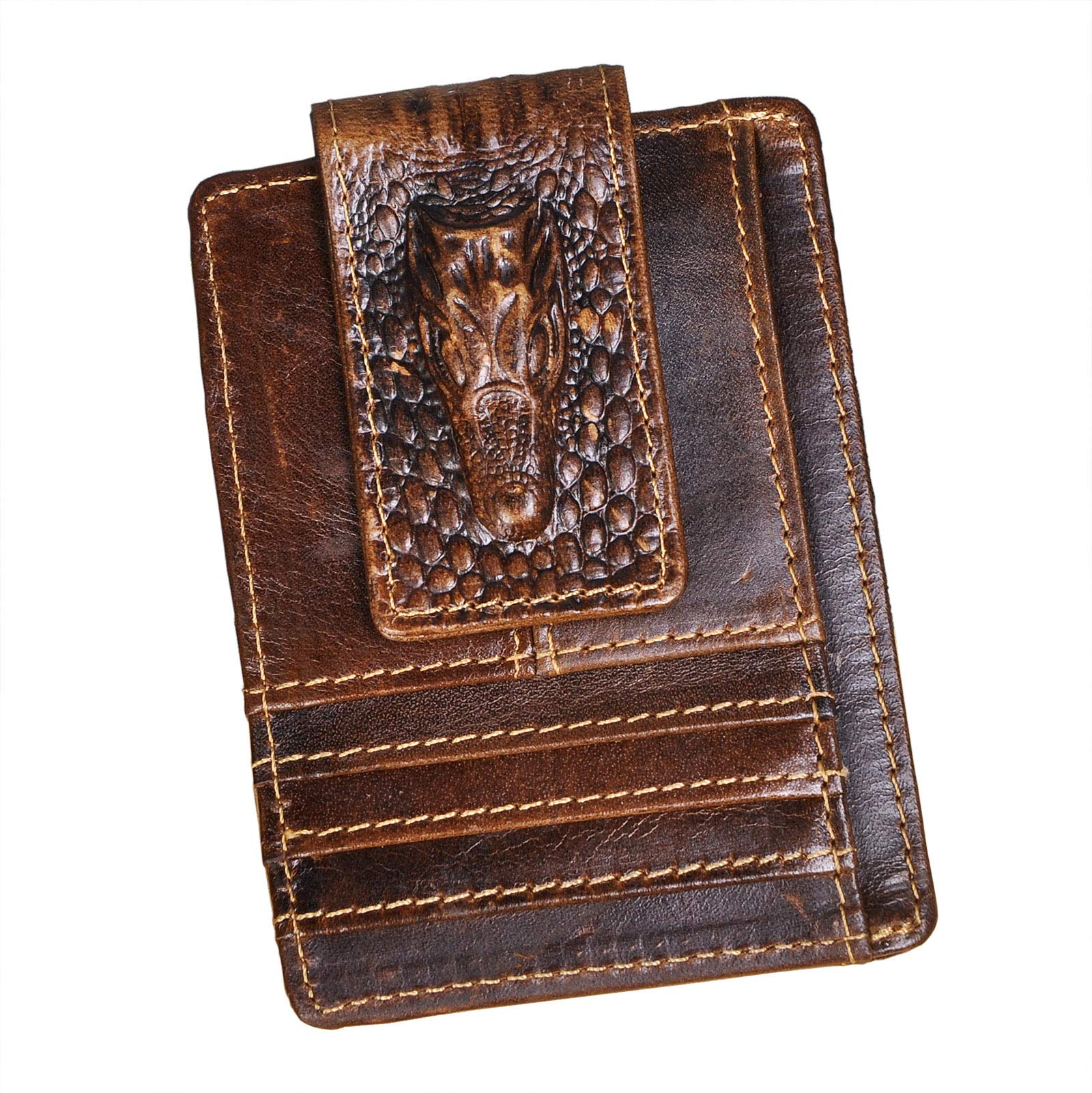 Le'aokuu Genuine Leather Magnet Money Clip Credit Card Case Holder Slim Card Wallet 1015 (1015 Coffee Crocodile Embossed RFID)