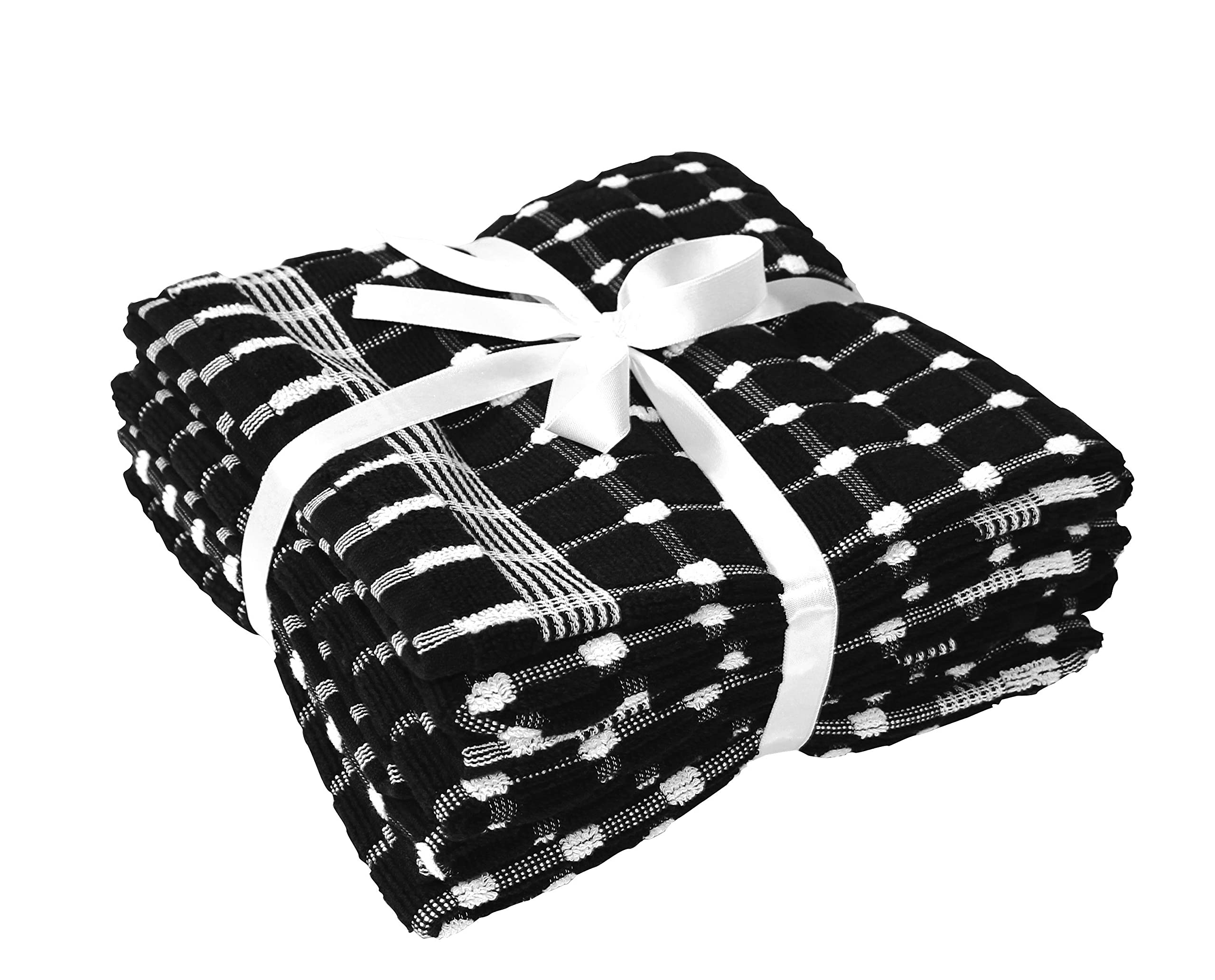 100% Turkish Cotton Extra Large 50 x 80 cm Thick Kitchen Tea Towels Set of 4 Soft and Absorbent Ribbon Packed (Black)