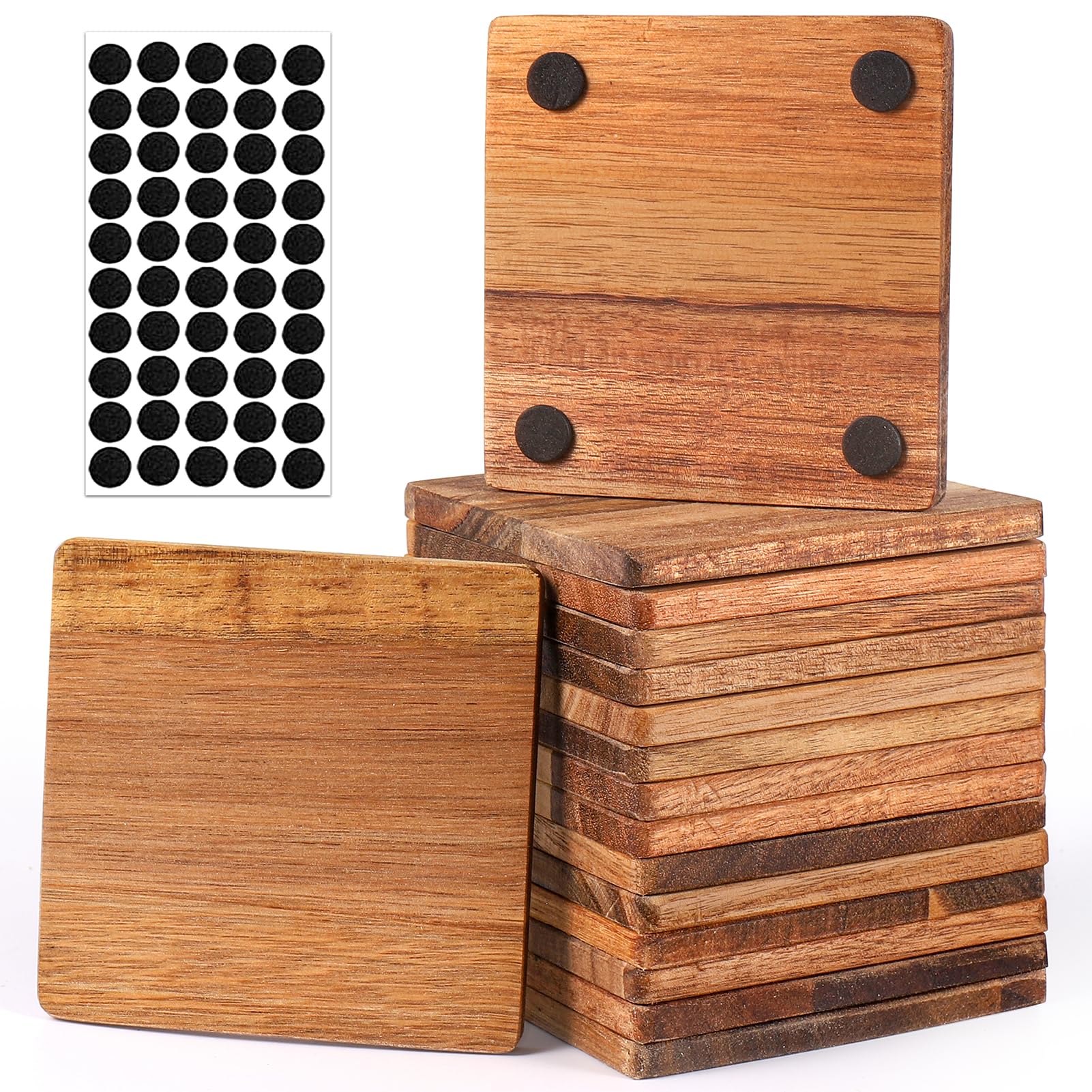 Photo 1 of 16 Pieces Unfinished Wood Coasters, 4 Inch Square Acacia Wooden Coasters for Crafts with Non-Slip Silicon Dots for DIY Stained Painting Wood Engraving Home Decoration