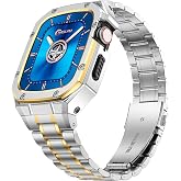 HASLFM Stainless Steel Bands with Case Compatible for Apple Watch Band 38/40/41mm, Rugged Metal iWatch Bands and Protective Cover Bumper Strap for iWatch Series 8/7/6/5/4/3/2/1/SE for Men, Silver-Gold