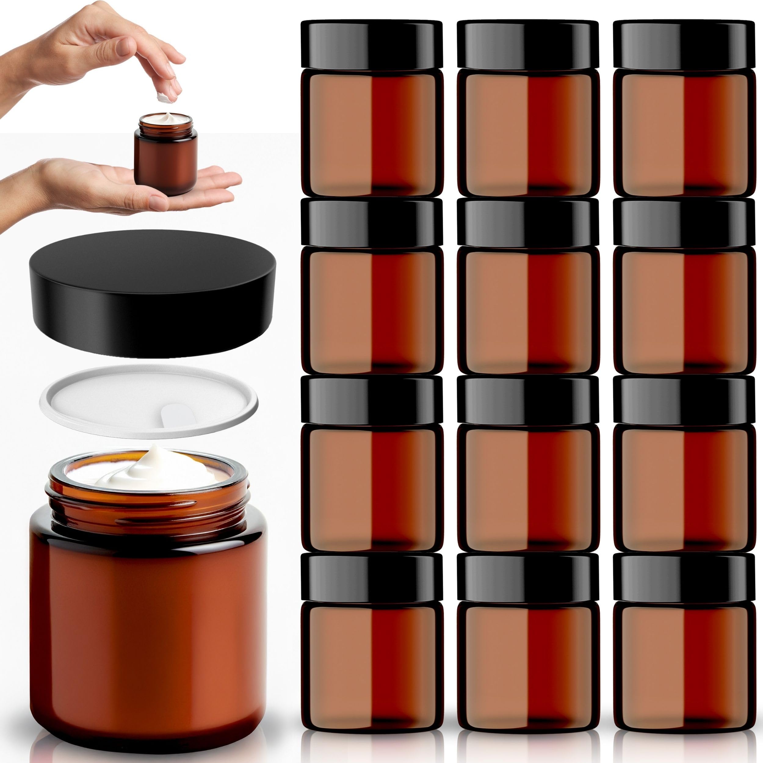 Amber Glass Jars - 12 Pack (120ml) with Lids - Brown Travel Cosmetic Containers with Spatula - UV Protection for Powder, Lotion and Cream