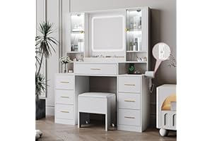 BORNOON Makeup Vanity with LED Light Strip Mirror and Chair, 7 Drawers & 2 RGB Cabinets White Vanity Makeup Desk with Power Strip, Adjustable LED Lighting, and Cushioned Stool for Women, Girls, Teens