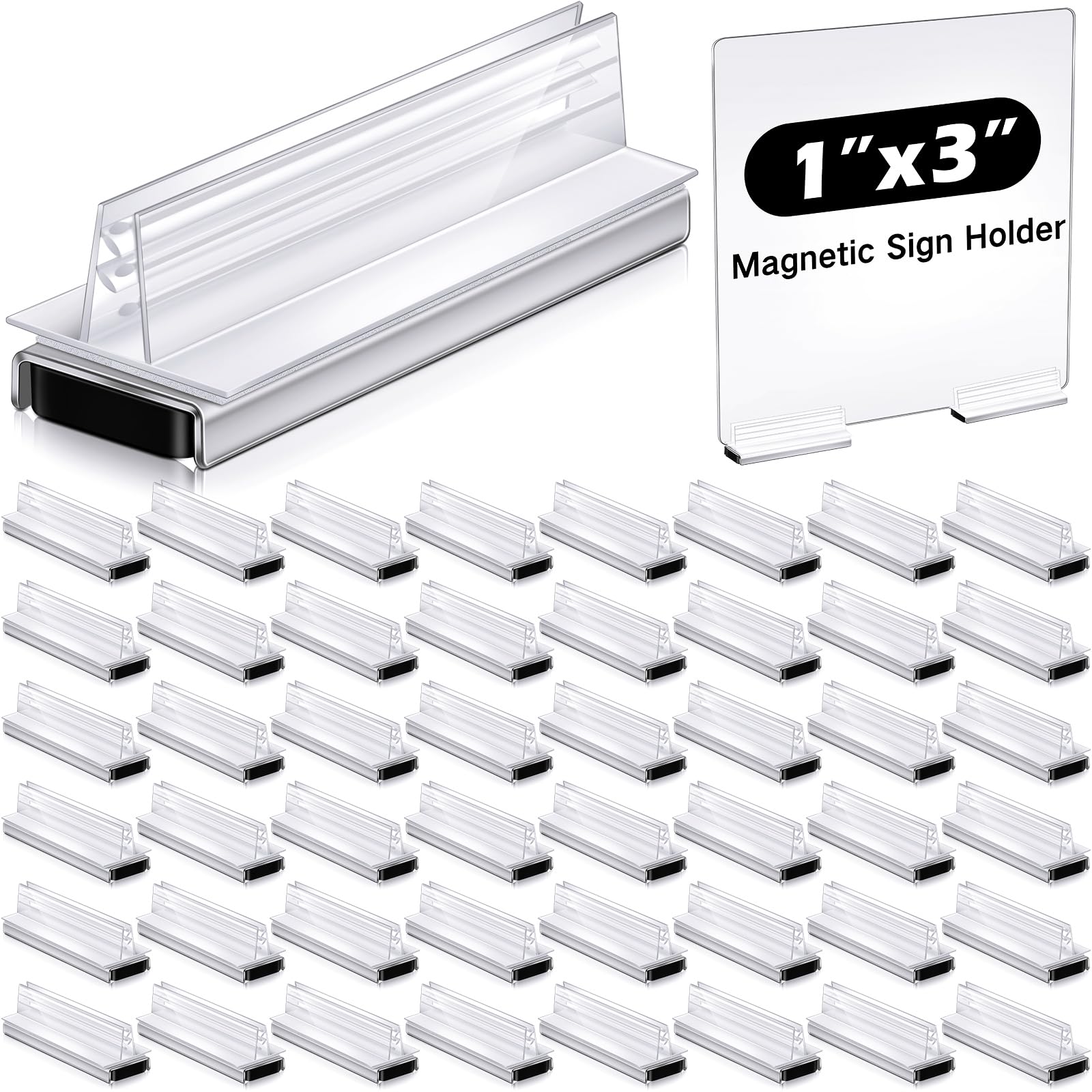 Photo 1 of Thyle 48 Pack Magnetic Sign Holder Grip Holder, Powerful Magnet, 3" Length, 1" Width, 1" Total Height for Retail Wall Display Store Vendor Event Warehouse and Shop Supplies, Clear