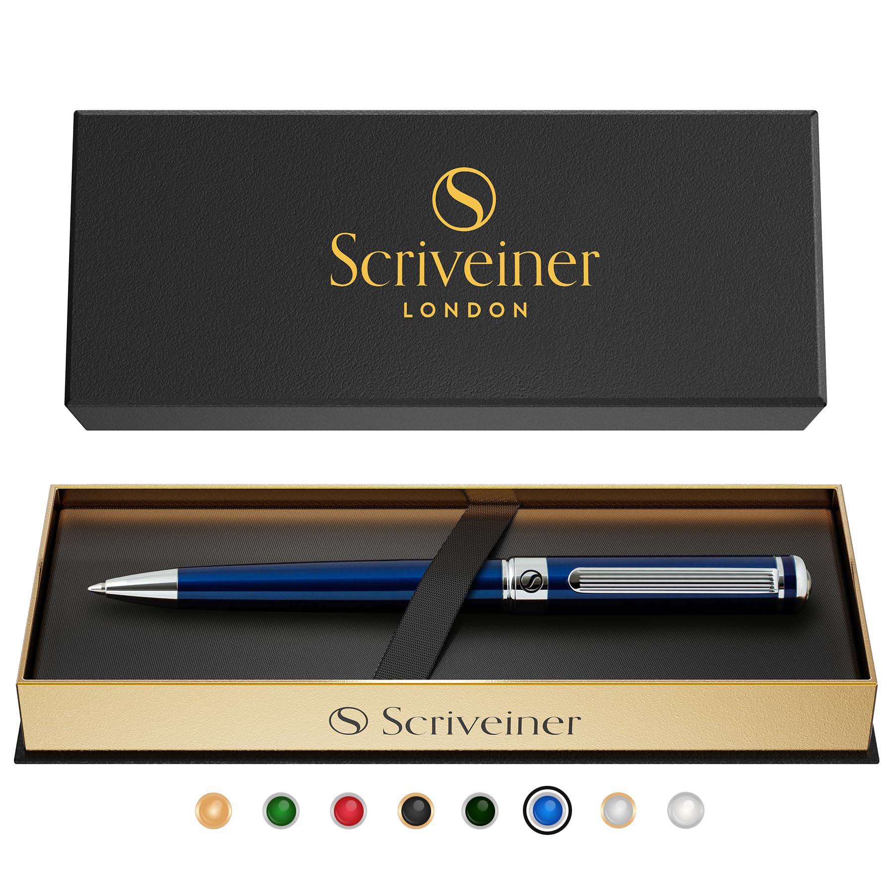 Scriveiner Midnight Blue Ballpoint Pen Midnight Blue Ballpoint Pen Set with Chrome Steel Finish, Refillable and Retractable, Beautiful Gift for Men & Women with Box, Professional Office Accessory