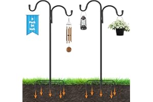 Vivantia 6 Pack 24 Inch Adjustable Double Shepherds Hooks for Outdoor 2 Sided Bird Feeder Poles with 5 Prong Base Heavy Duty Metal Garden Hook for Hanging Flower Basket Lantern Plants Bird Nests Decor