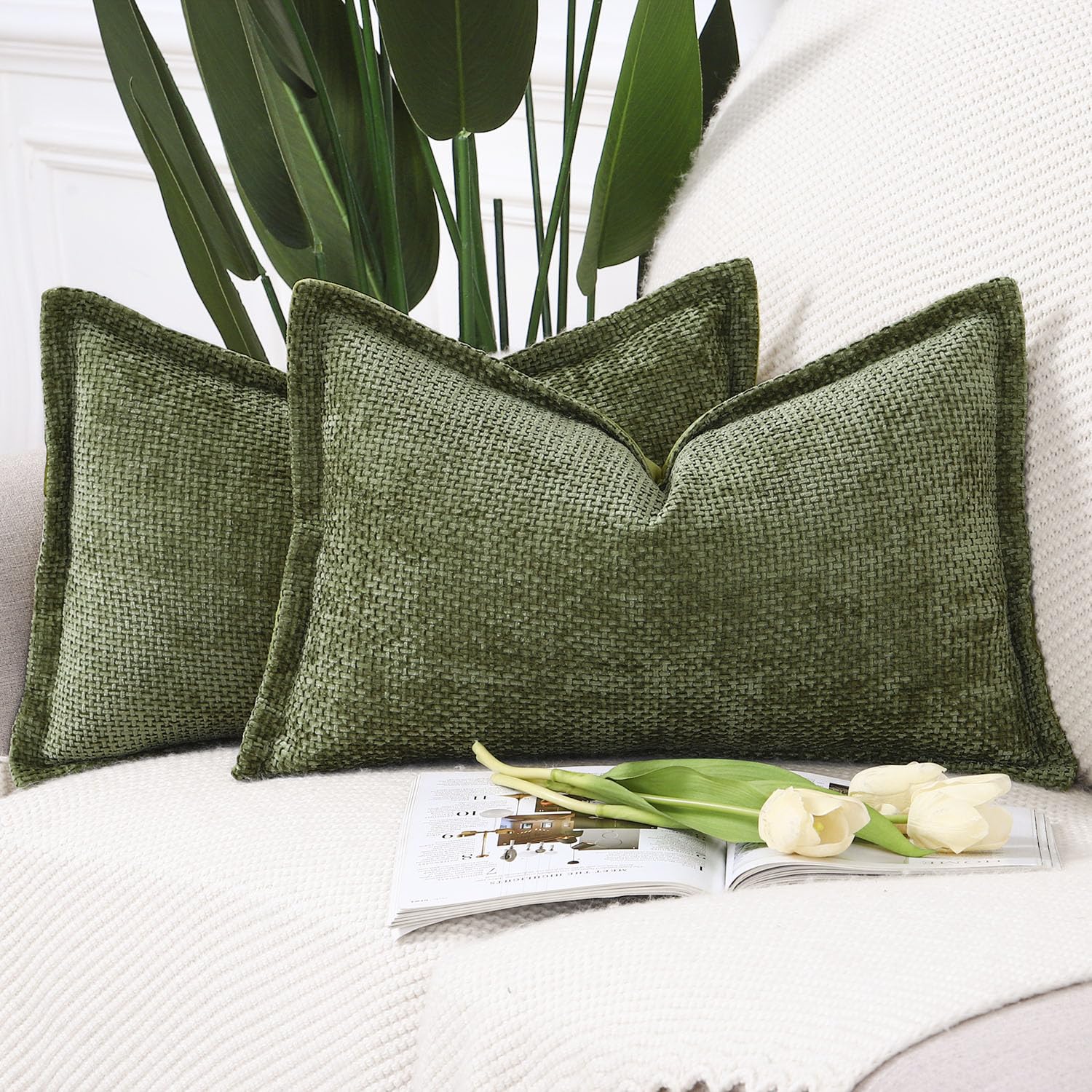 Madizz Set of 2 Chenille Velvet Cushion Covers with Flange Soft Boho Textured Throw Pillow Covers Broadside Pillowcases Modern Farmhouse Home Decor for Sofa Bedroom Moss Green 12x20 inch, 30x50 cm