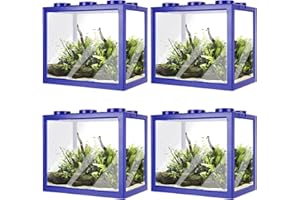 LOYORTY 4PCS Plastic Small Betta Fish Tank, 0.6 Gallon Stackable Fish Bowl, Cube Fish Aquarium Tank for Shrimp, Turtle, Small Crab (Blue)