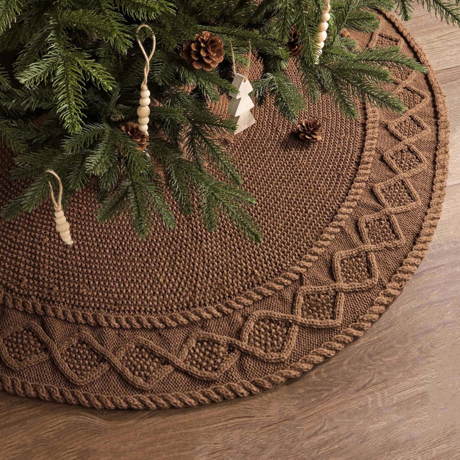 Photo 1 of 36 inch Christmas Tree Skirt: Pencil Tree Skirt for 6ft Tree, Diamond Edge Knit Small Western Brown Tree Skirt, Vintage Tree Skirts, Rustic Farmhouse Christmas Decorations