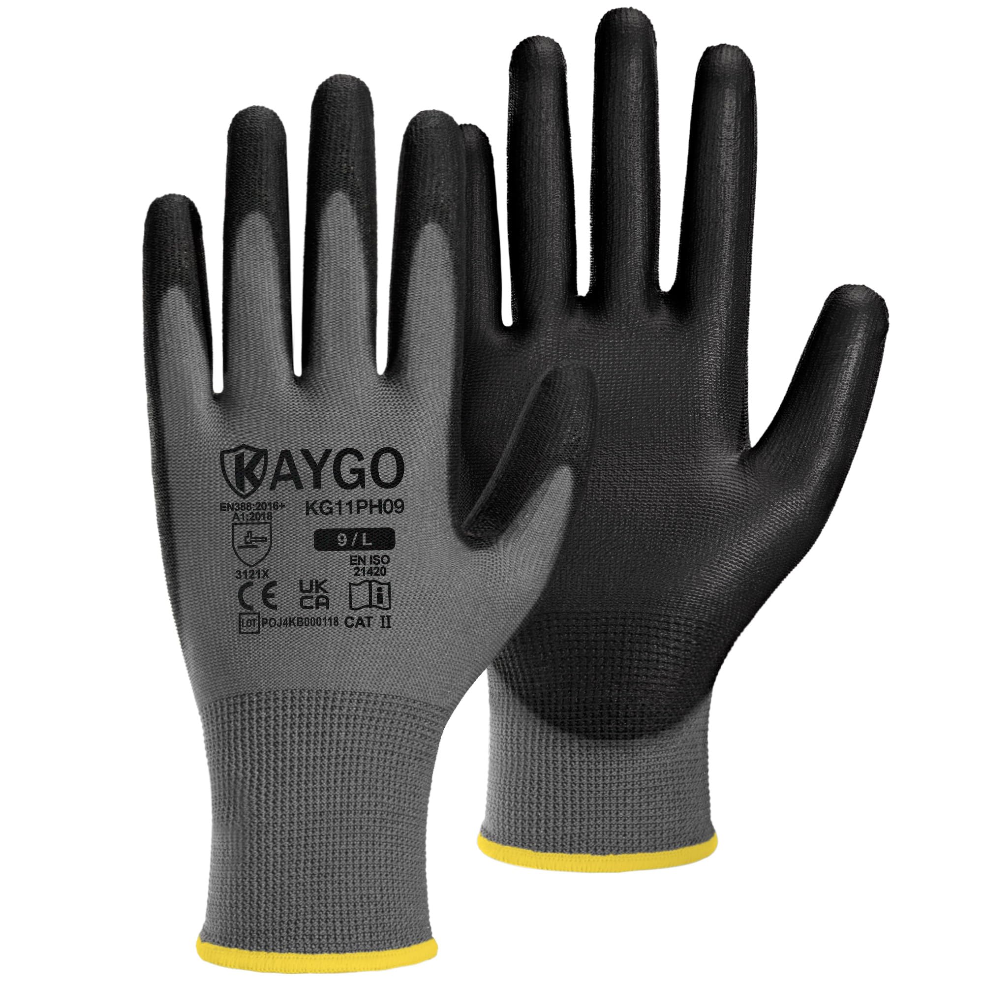 KAYGO Work Gloves PU Coated 12 Pairs, KG11PH, Safety Working Gloves with Secure Grip on Palm & Fingers, for Men and Women, Ideal for General Duty Work, Gardening(Large, Grey) — image 1