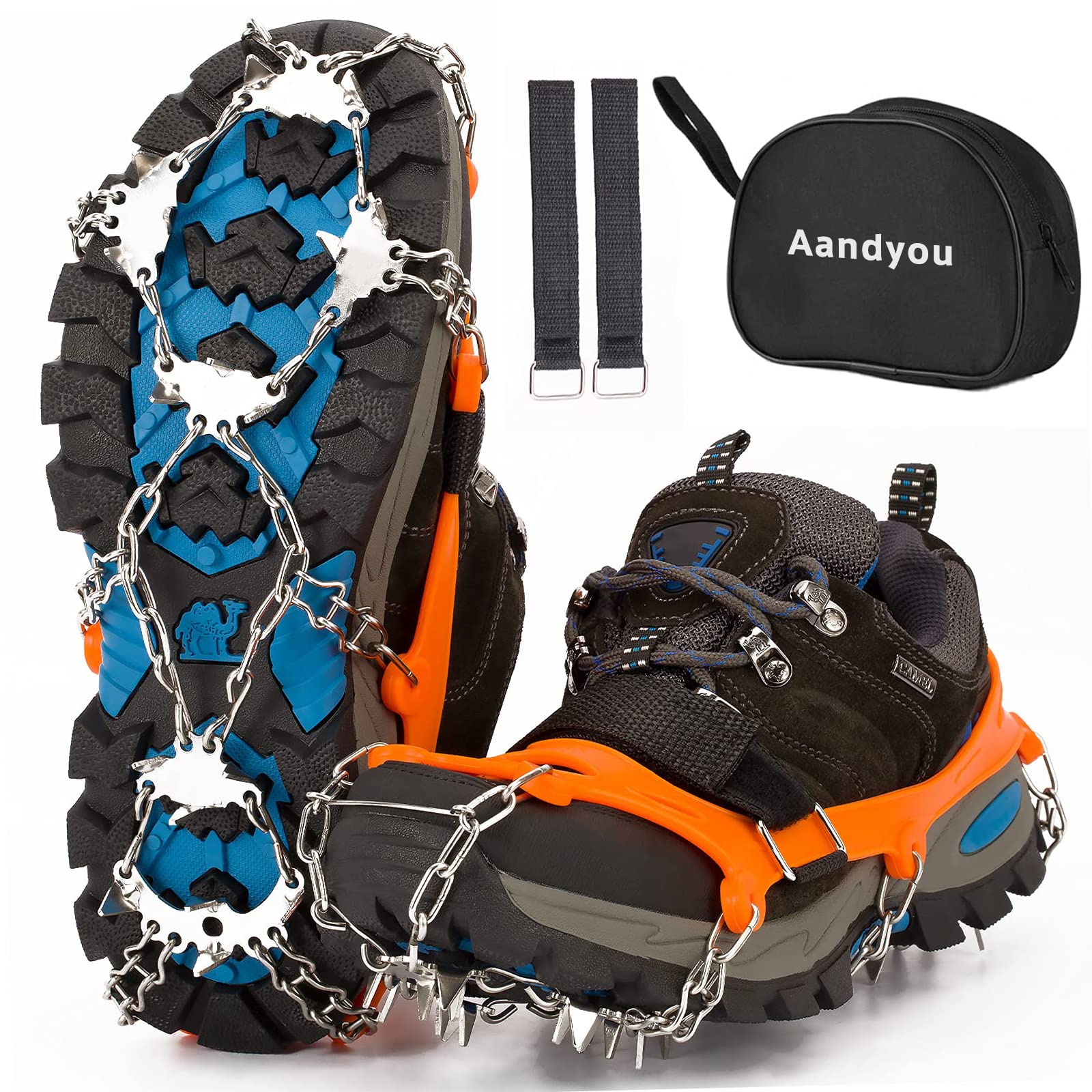 Crampons, Ice Snow Grips Snow Grips for Boots Anti Slip Snow Crampons Hiking Traction Cleats 19 Steel Spikes Ice Grippers for Women Men Kids Shoes Boots Winter Outdoor Walking Climbing (M, Orange)