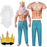 Cutecrop 4 Pcs Halloween Poseidon Merman Costume for Men | Neptune Sea King Outfit, Muscle Shirt Fish Pants Crown Beard, Halloween Cosplay Kit for Adult Party Trick or Treat