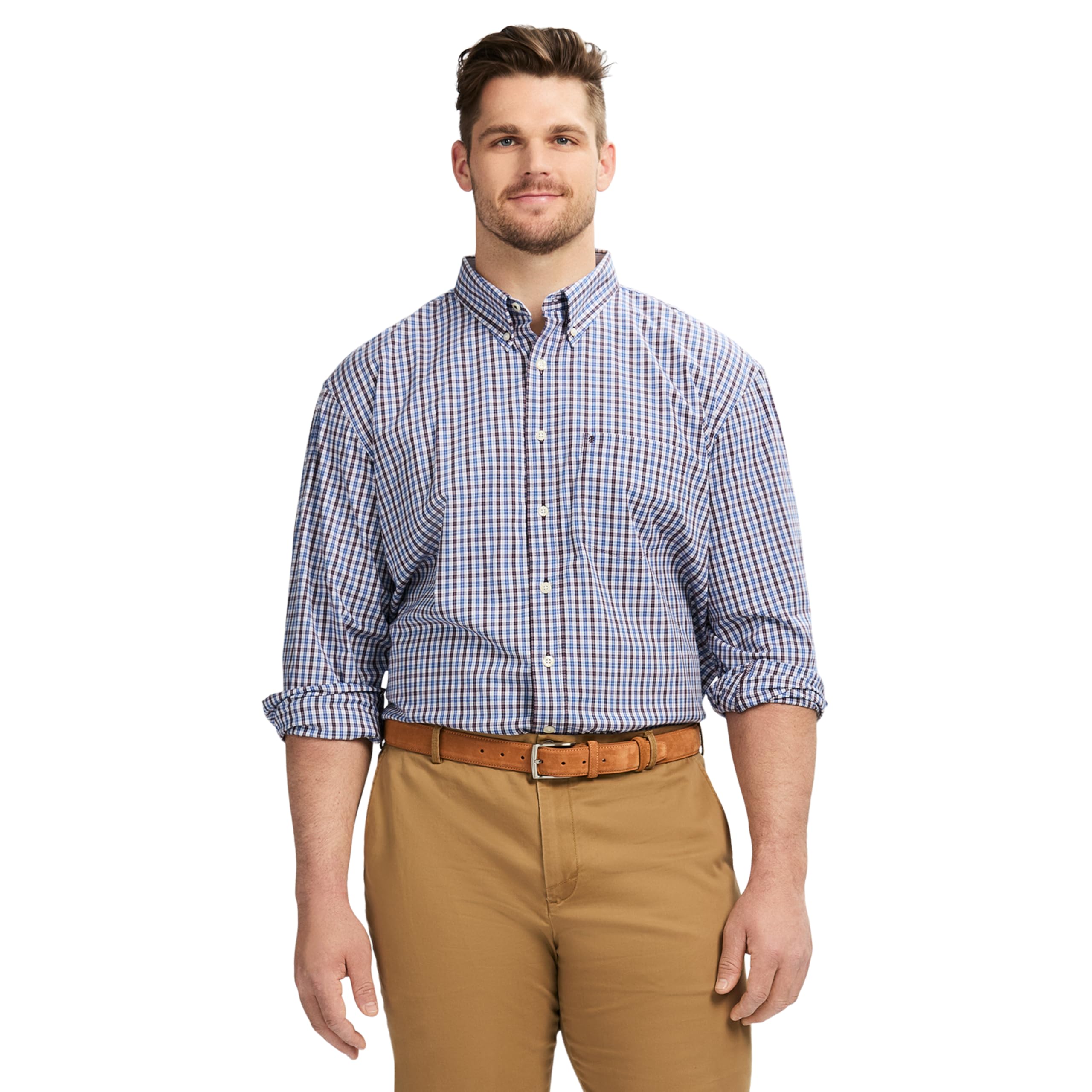 IZOD Men's Big and Tall Performance Comfort Long Sleeve Gingham Button Down Shirt, Plum Perfect Multi Check Image IZOD Men's Big and Tall Performance Comfort Long Sleeve Gingham Button Down Shirt, Plum Perfect Multi Check Image