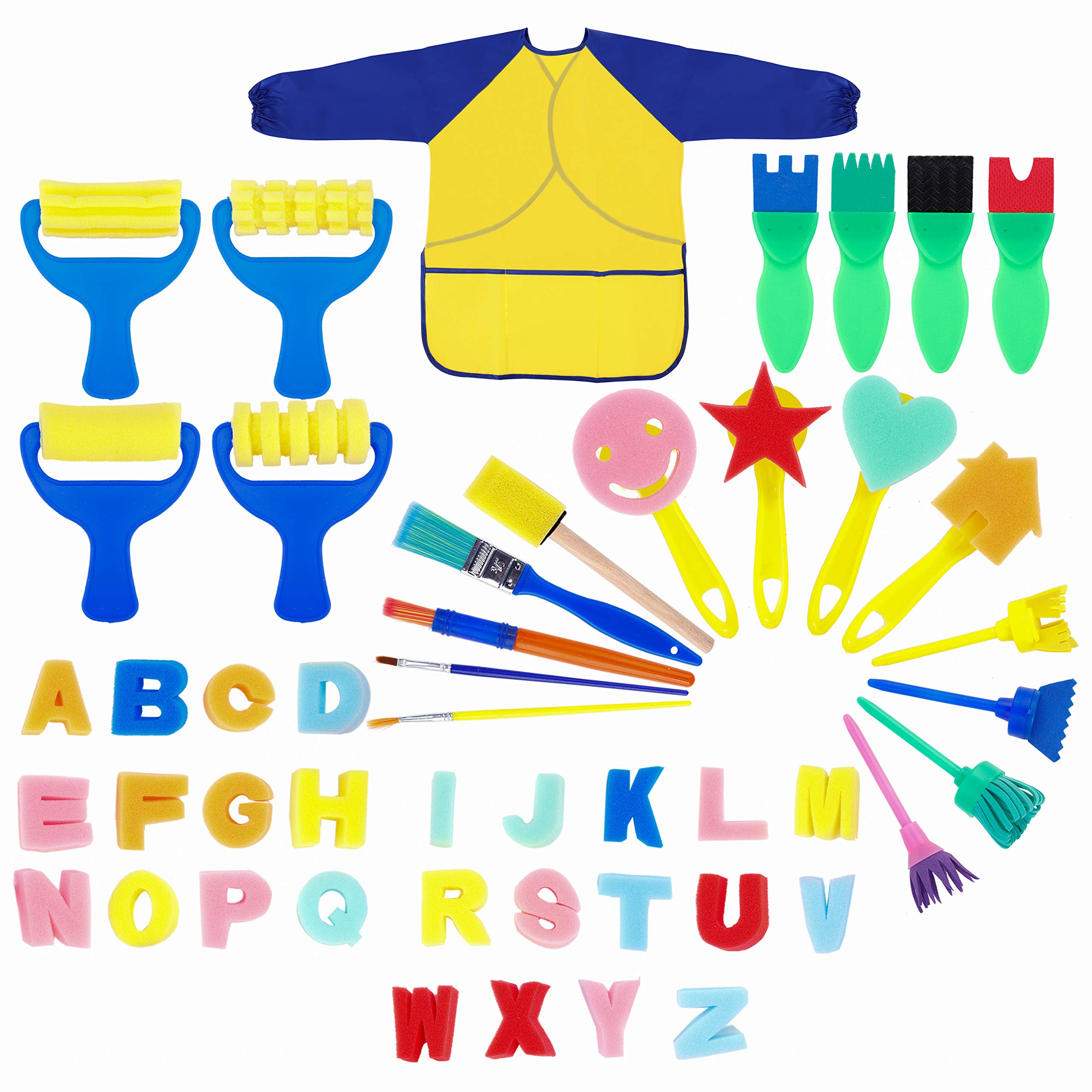 Painting Kits for Kids 48PCS Sponge Drawing Tools Brushes Set Early Learning DIY Toy for Age 3-6 with Waterproof Art Painting Smock Apron