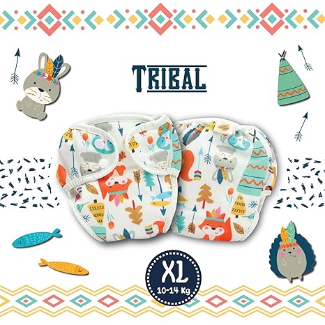 Paw Paw Reusable Baby Washable Cloth Diaper Nappies with Wet-Free Inserts for Babies/Infants/Toddlers (X-Large (10-14 Kg), Tribes Print)