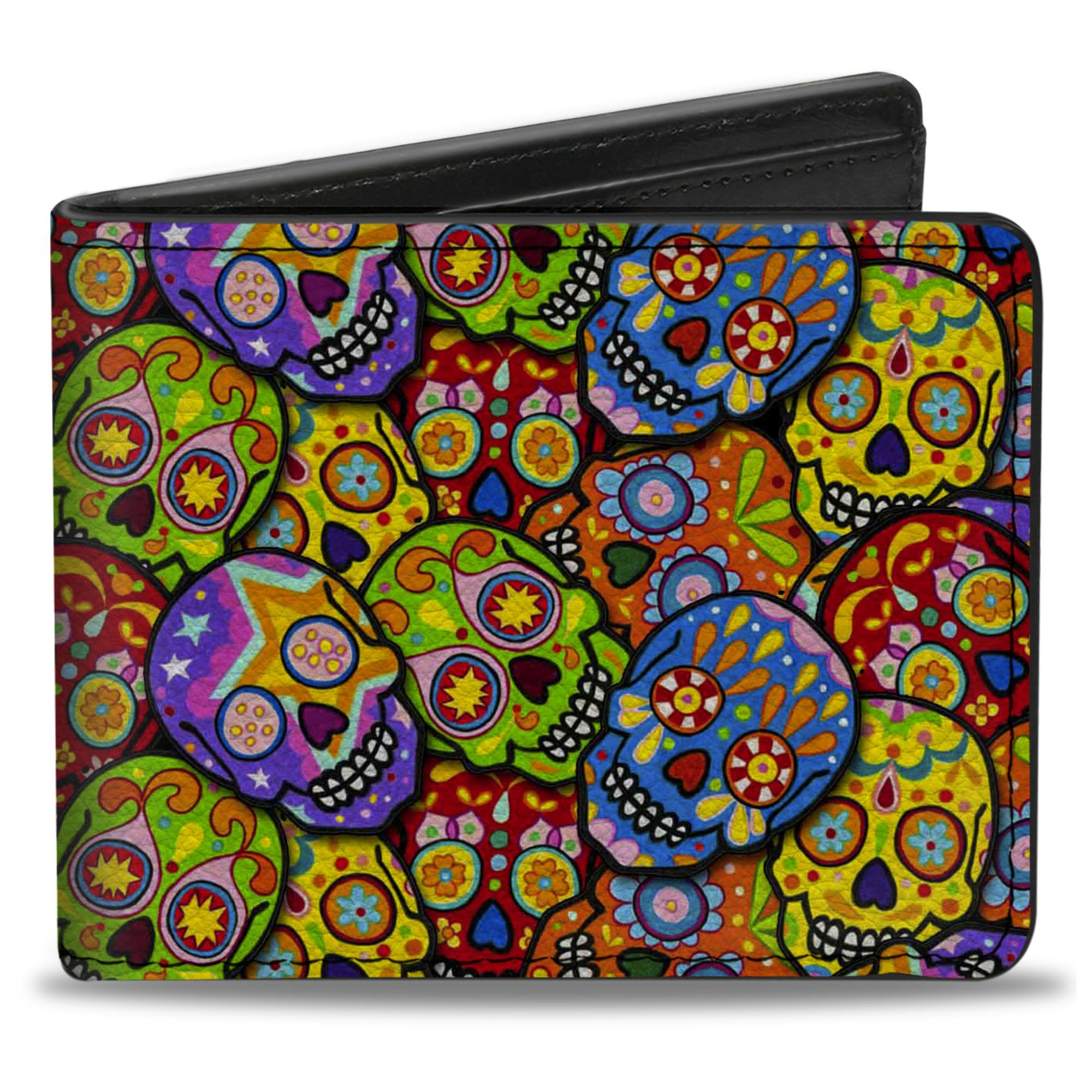 Buckle-Down Men's PU Bifold Wallet Calaveras Stacked Multi Color, Multicolor, 4.0" x 3.5", Multicolor, 4.0" x 3.5", Pu Bifold Wallet - Colorful Calaveras Stacked Multi Color