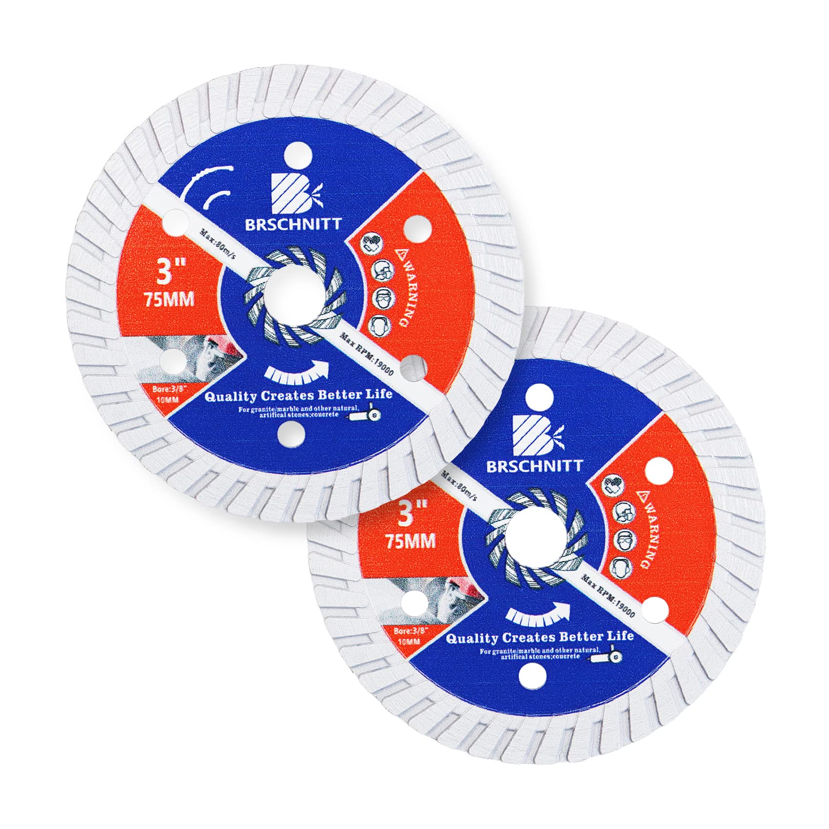 BRSCHNITT Diamond Disc for Concrete Masonry,2pcs 75mm with Arbor 10mm Dry/Wet Continuous Rim Diamond Cutting Disc for Granite Marble Stone Hard Concrete Reinforced Concrete